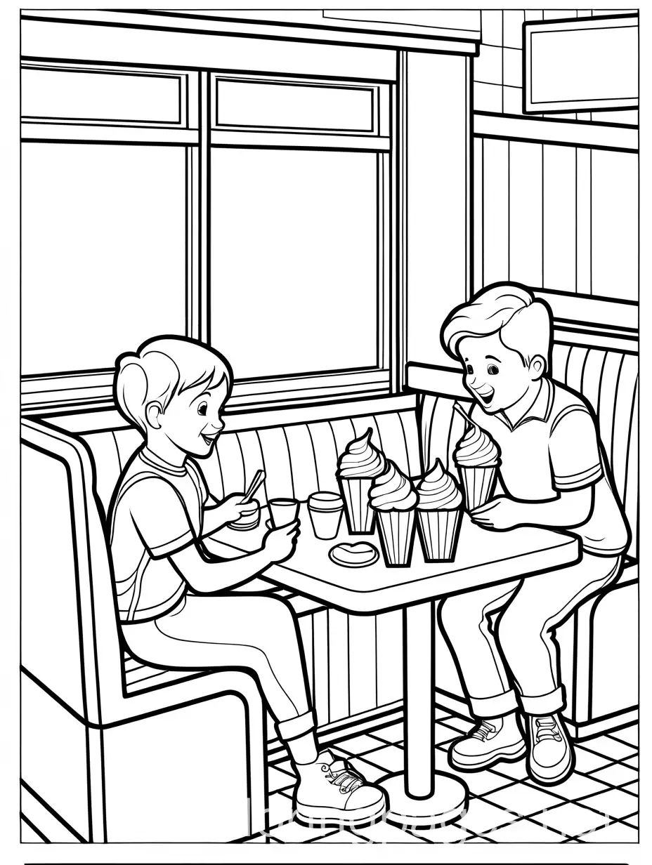 create a coloring page of kids enjoying Ice cream in a diner, Coloring Page, black and white, line art, white background, Simplicity, Ample White Space. The background of the coloring page is plain white to make it easy for young children to color within the lines. The outlines of all the subjects are easy to distinguish, making it simple for kids to color without too much difficulty