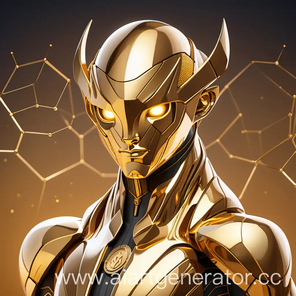 A golden avatar with a futuristic design in a web3 and crypto style.  The avatar should have a strong and confident expression.