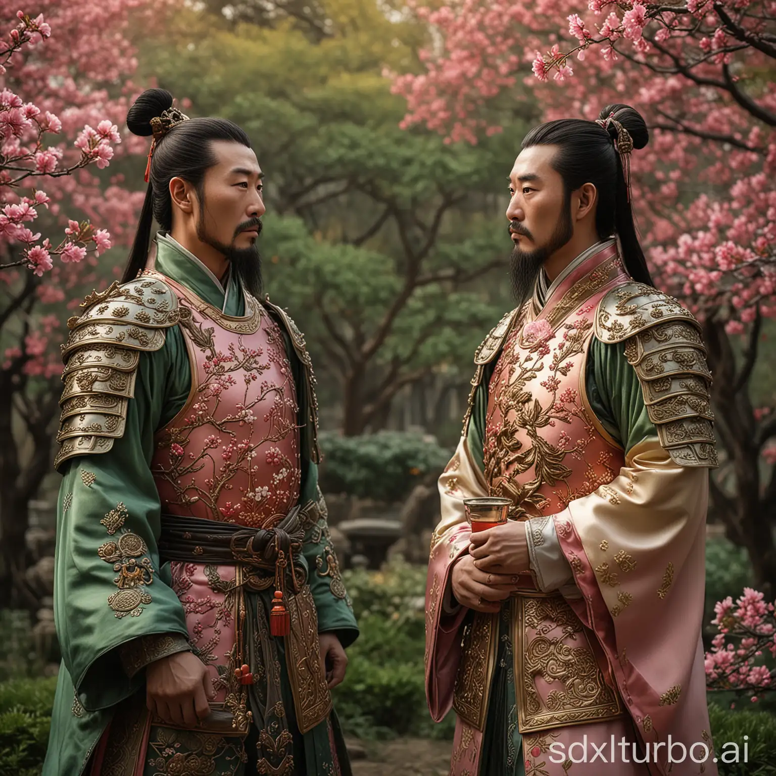 A photorealistic scene set against the backdrop of the Three Kingdoms period, depicting the moment where Liu Bei, Guan Yu, and Zhang Fei decide to join forces in the Oath of the Peach Garden (Taoyuan). The three warriors stand together in a lush, blooming peach garden, the trees heavy with vibrant pink blossoms: Liu Bei stands at the center, his elaborate traditional armor and flowing robes detailed with intricate designs. He holds a cup of wine, his face reflecting determination and the weight of his promise. The light filtering through the blossoms casts a warm glow on his resolute expression. Guan Yu, on Liu Bei’s right, is dressed in his iconic green robe and ornate armor. His long beard flows gently in the breeze, and his eyes are fierce yet solemn, reflecting his unwavering loyalty. He too holds a cup of wine, raised in a gesture of solidarity. Zhang Fei, on Liu Bei’s left, is clad in rugged, distinctive armor. His robust physique and intense gaze underscore his warrior spirit and fierce loyalty. He grips his cup firmly, ready to make the solemn vow alongside his brothers. The peach blossoms around them are rendered in exquisite detail, their vibrant colors contrasting with the warriors’ armor. The garden is bathed in the soft, golden light of late afternoon, enhancing the serene yet momentous atmosphere. The expressions on their faces and the intricate designs on their armor are depicted with photorealistic precision, capturing the profound significance and emotional depth of this historic alliance.