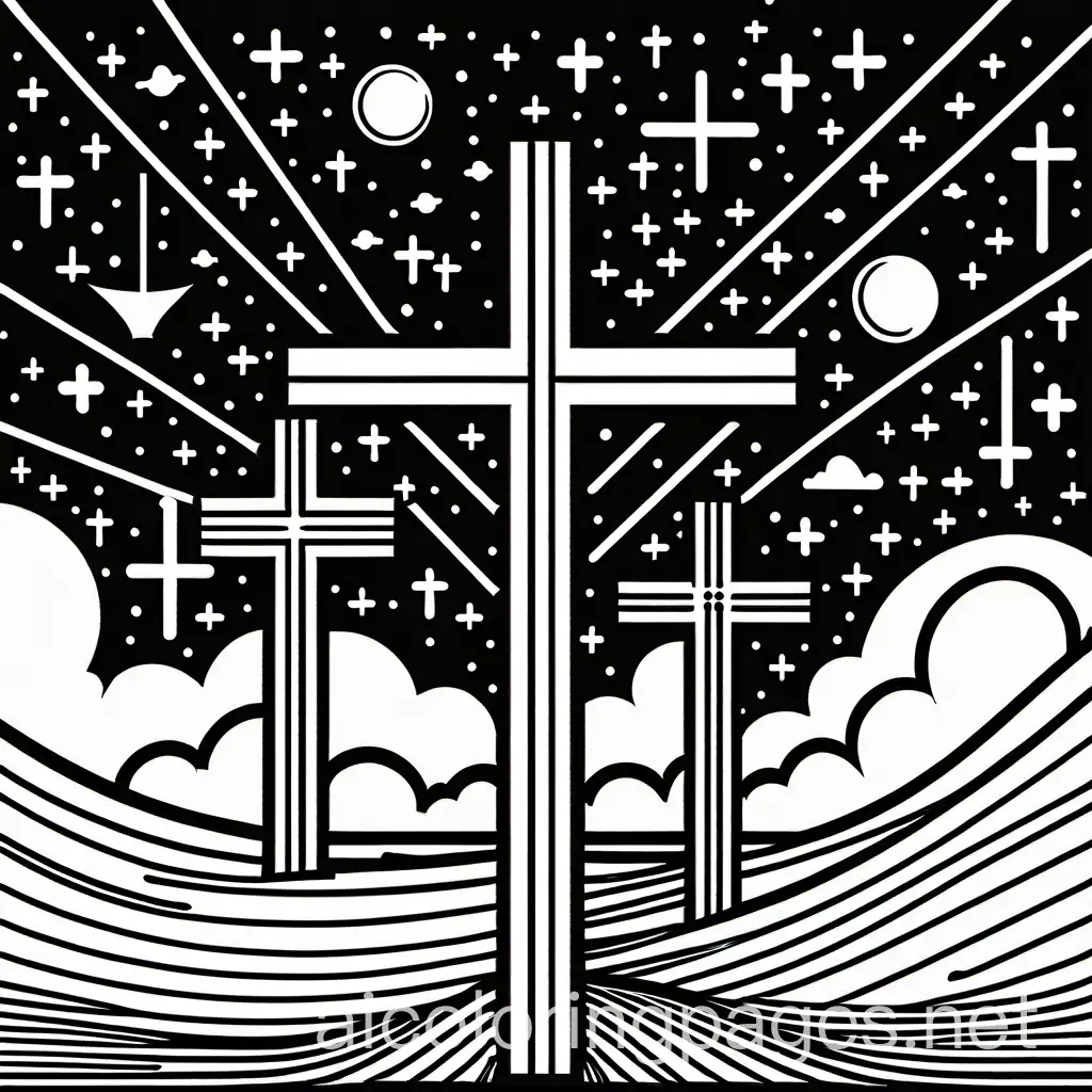 crosses in the night sky
, Coloring Page, black and white, line art, white background, Simplicity, Ample White Space. The background of the coloring page is plain white to make it easy for young children to color within the lines. The outlines of all the subjects are easy to distinguish, making it simple for kids to color without too much difficulty