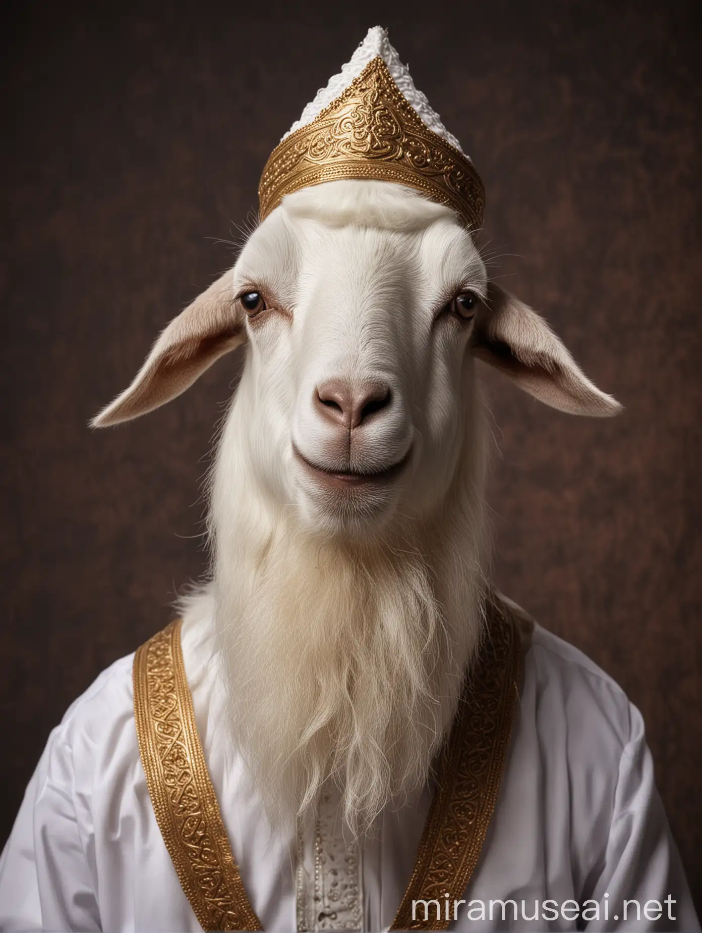 A Muslim goat has a sheikh's beard dressed as a sheikh with dark color eid al adha background