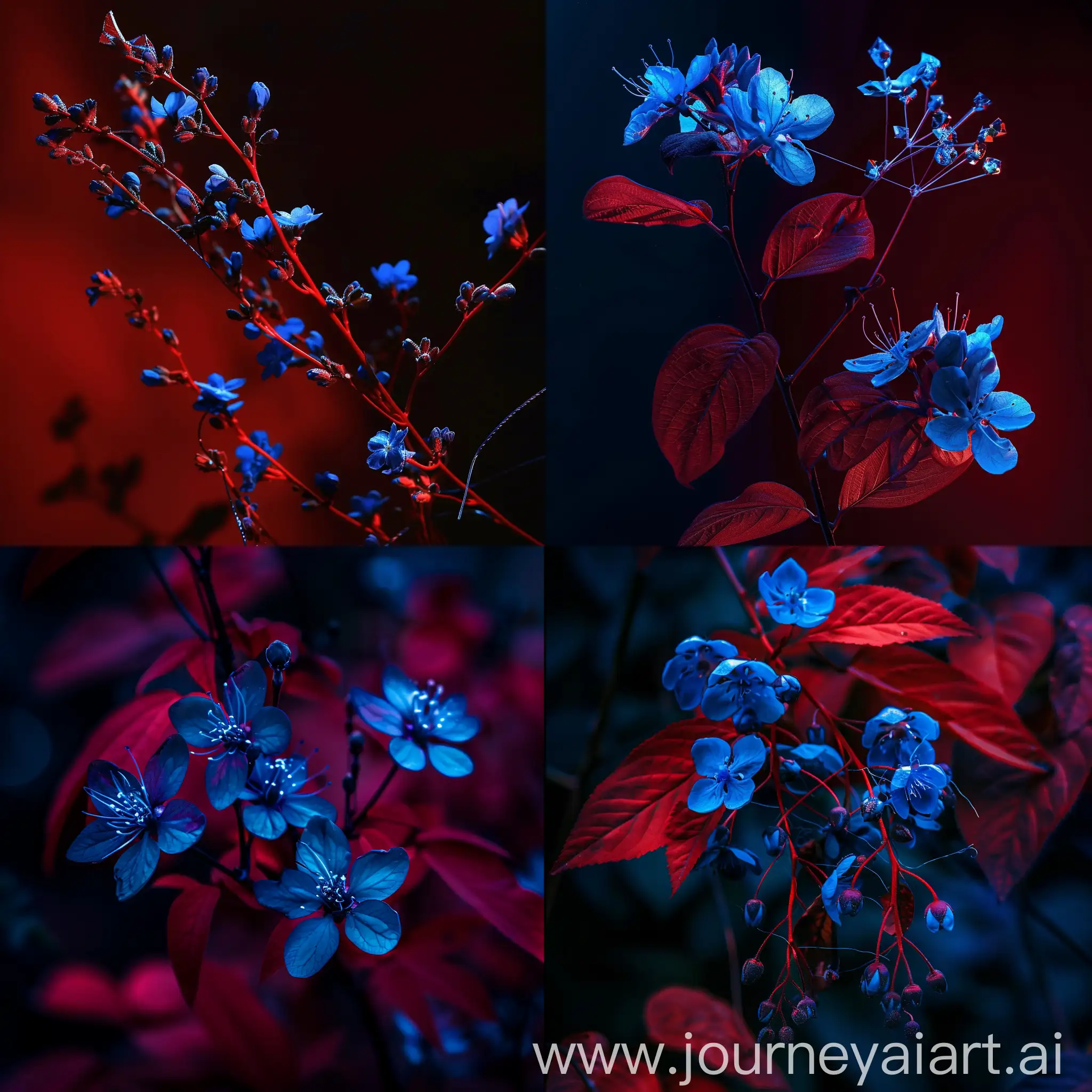 Vibrant-Blue-and-Red-Blossoms-in-Moody-Lighting-Diamond-Wire-Photography