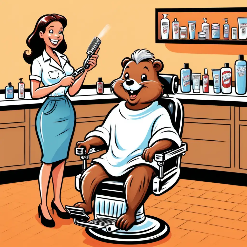 Cartoon of a woman smiling holding shaving razor a can of shaving cream. A beaver is sitting in a barber chair as her customer. Setting is a barber shop.