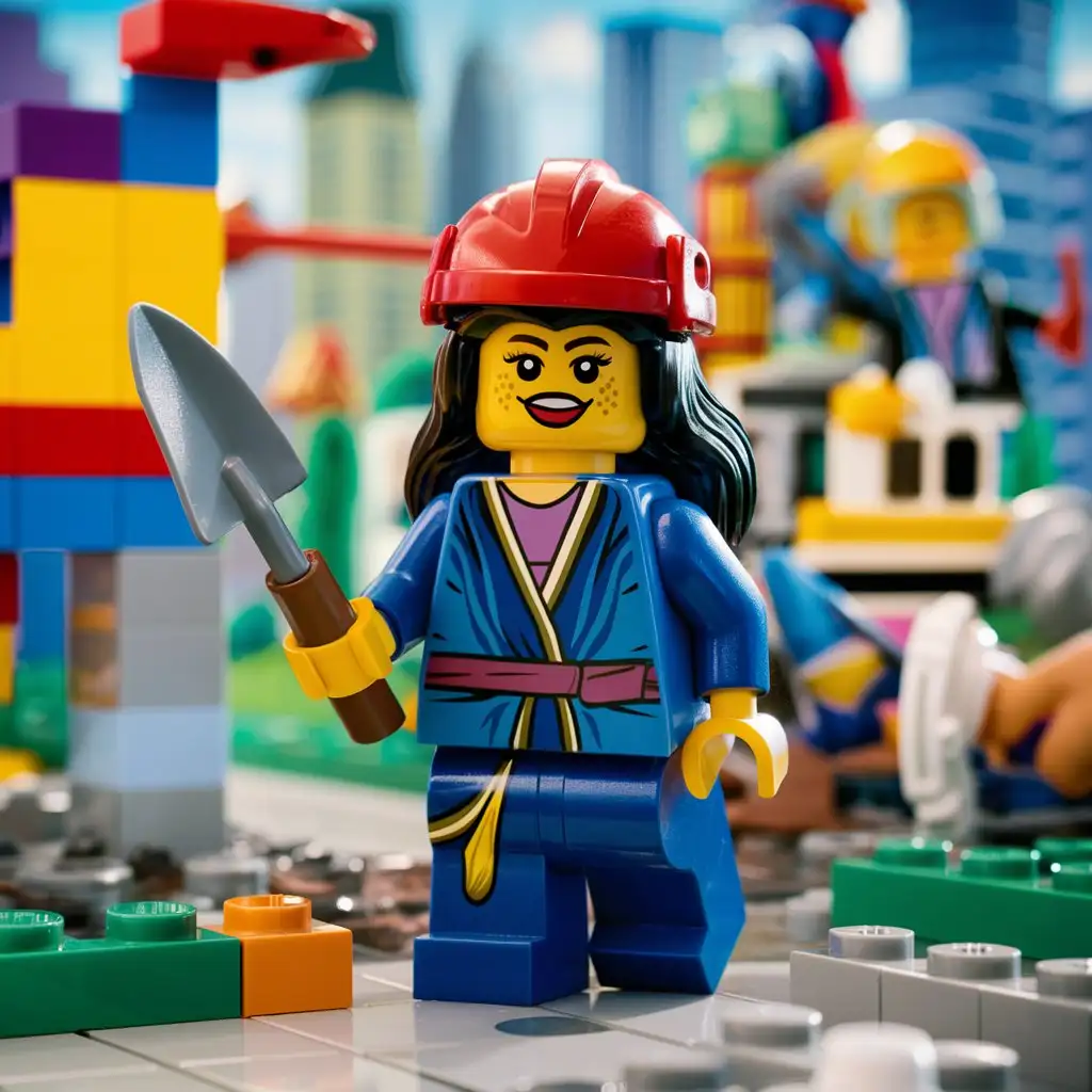 A lego figurine girl in a blue construction robe, wearing a red helmet on her head and with a trowel in her hand