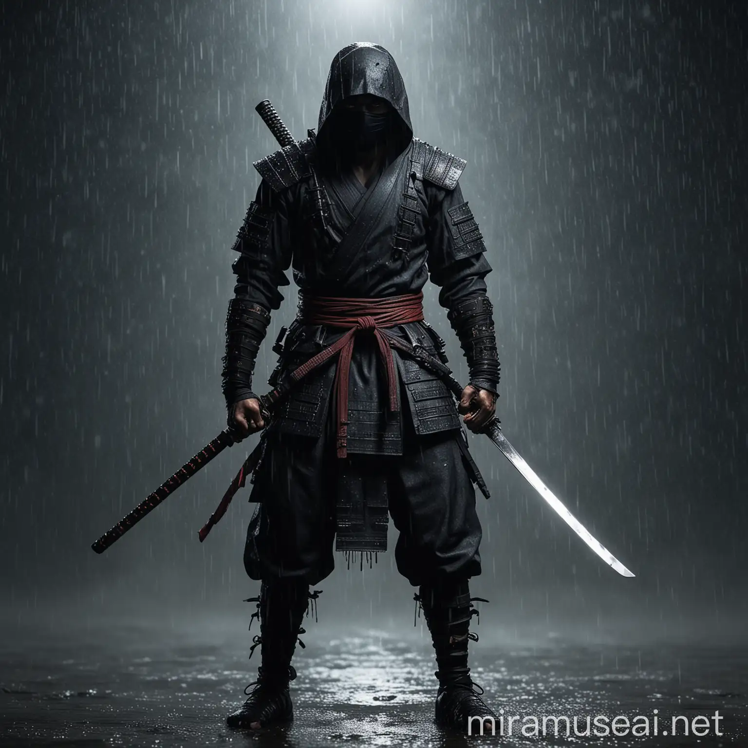 ninja on the night in the rain , holding a katana sword , full body shot , intricate , extremely detailed , fearsome warrior 