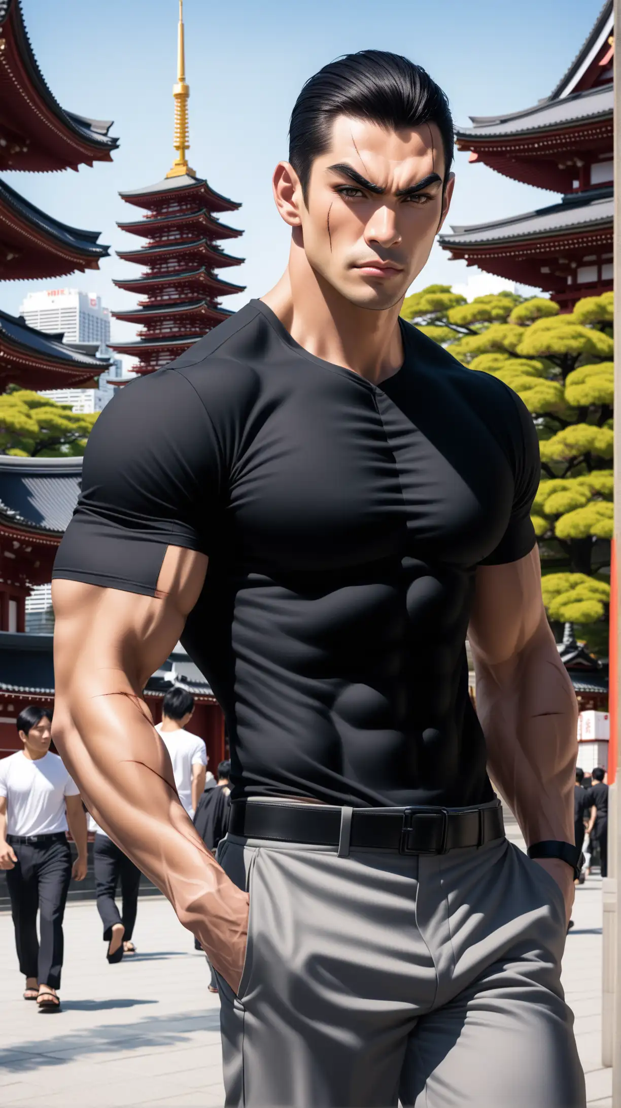 a close look, a tall, muscular man with mid-length black hair that reaches to his ears, His eyes are green, and he has thin black eyebrows and a scar on the corner of his right lip,  wears  short-sleeved black shirt and matching grey pants with sandals, tokyo temple on background, photo-realistic, hyper-realistic