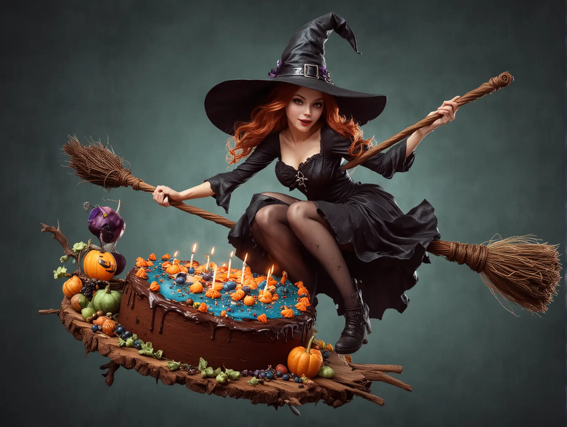 Красивая Ведьма на метле с тортиком