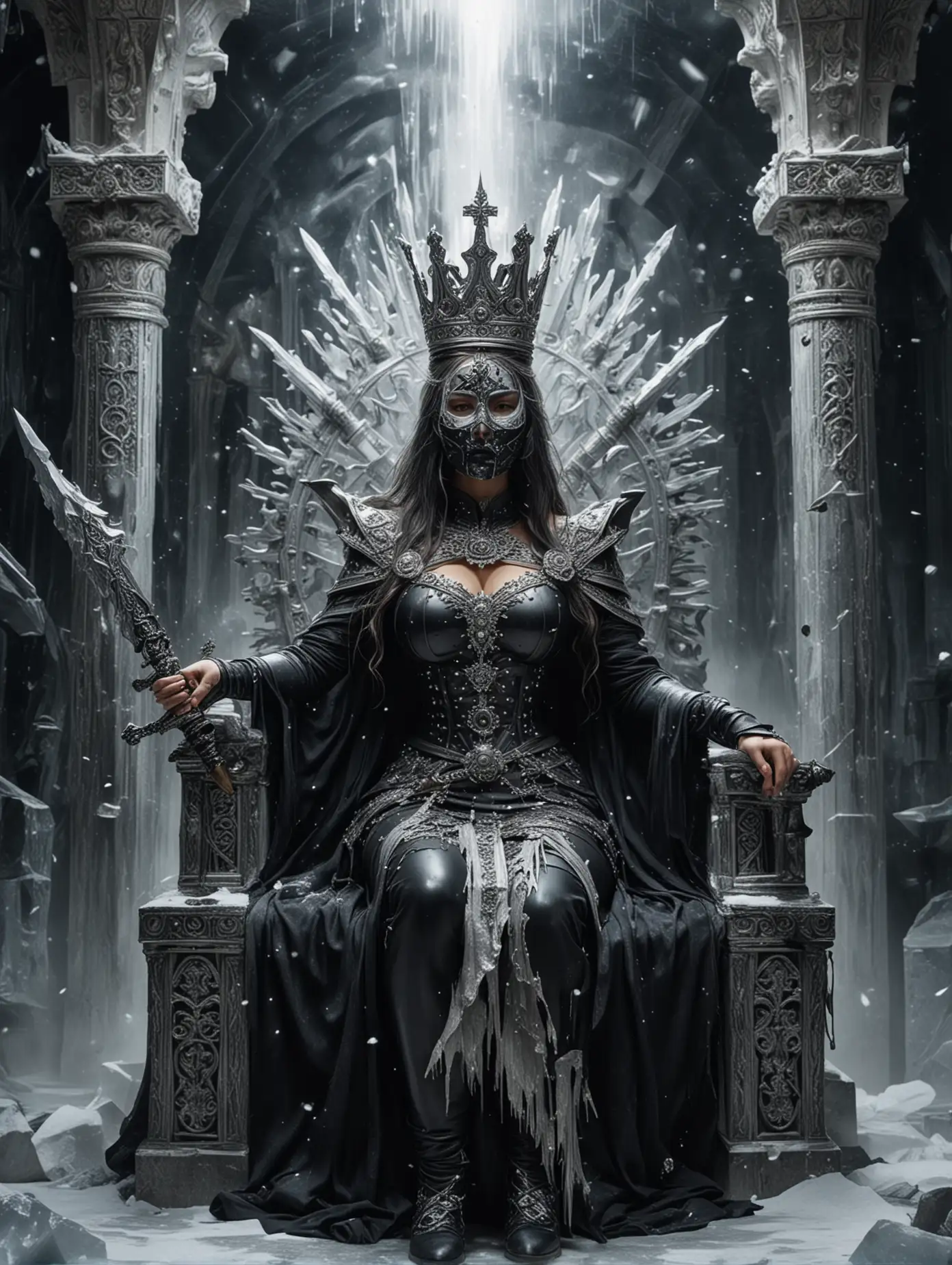 Массивная Женщина сидит на ледяном резном троне. Лицо закрывает защитная черная маска. Волосы белые, на голове серебряная корона с множеством лучей. В руке резной меч. Позади нее космос и черная дыра.