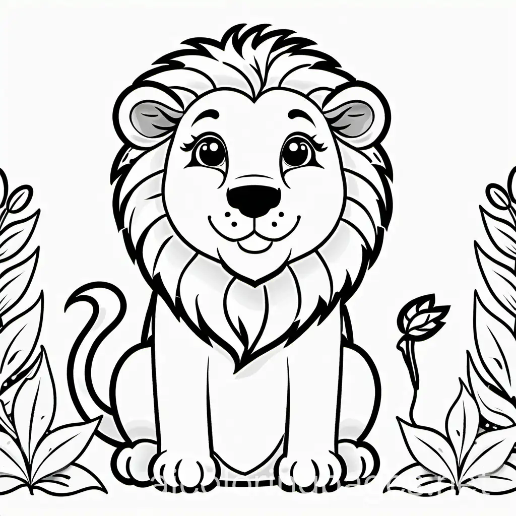 Smile Father lion baby lion, Coloring Page, black and white, line art, white background, Simplicity, Ample White Space. The background of the coloring page is plain white to make it easy for young children to color within the lines. The outlines of all the subjects are easy to distinguish, making it simple for kids to color without too much difficulty