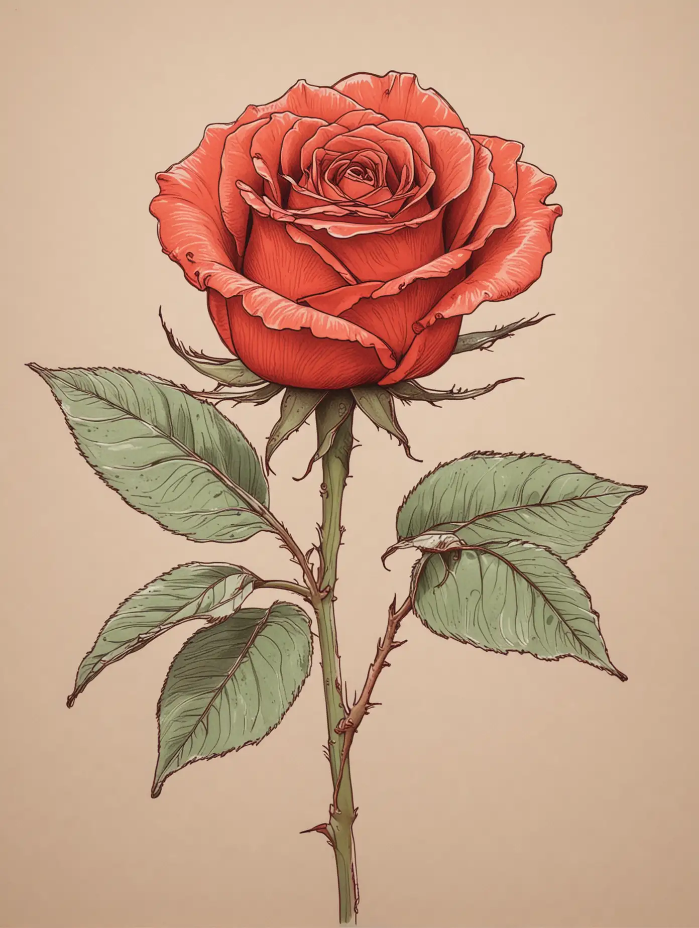 simple line drawing of a red rose colored in and  in Audubon style
