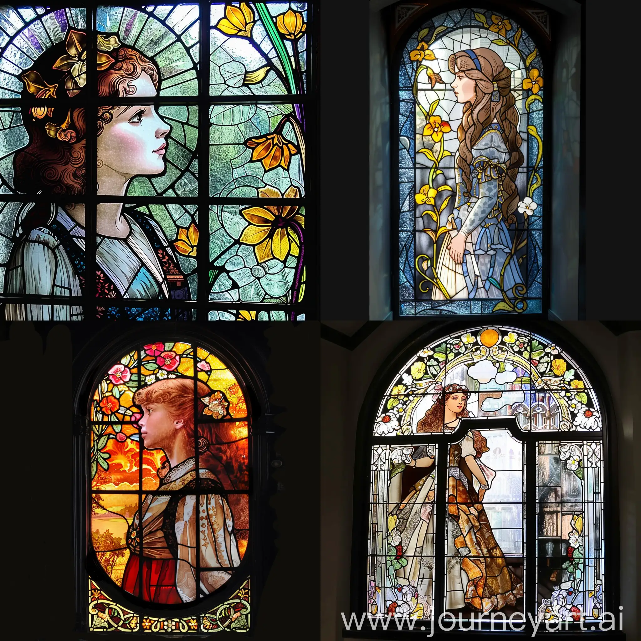 Art-Nouveau-Stained-Glass-Window-Featuring-a-Girl