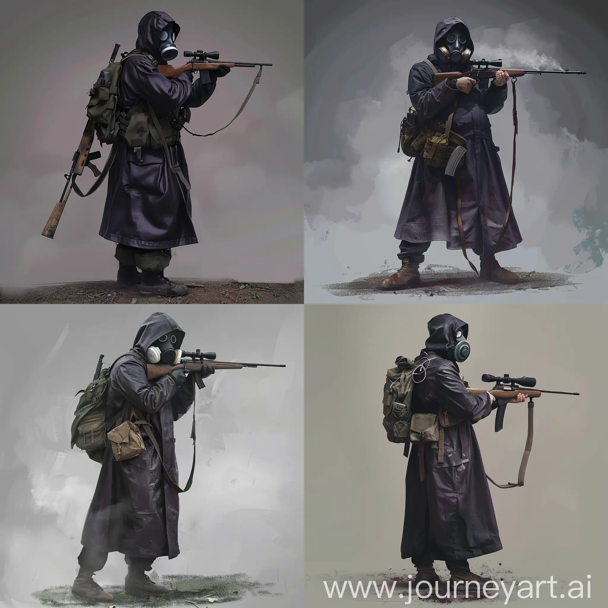 Concept character art, dark purple military raincoat, hazmat protective gasmask on his face, small military backpack, military unloading on his body, sniper rifle in his hands. 