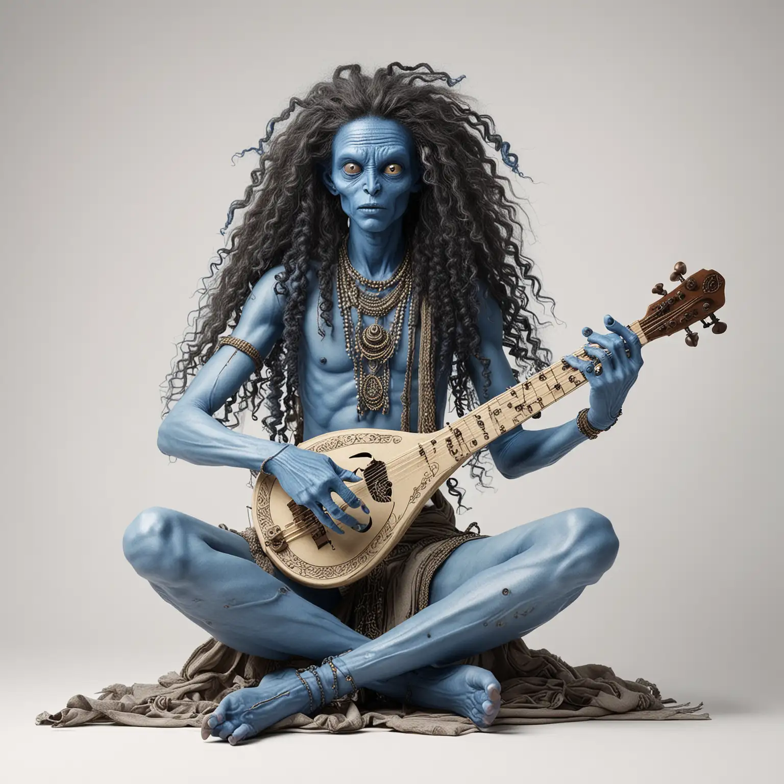 An alien Hindu musician, blue body, long curly hair, sitting crossed leg, playing an alien fantastic string instruments, full figure, blank white neutral background