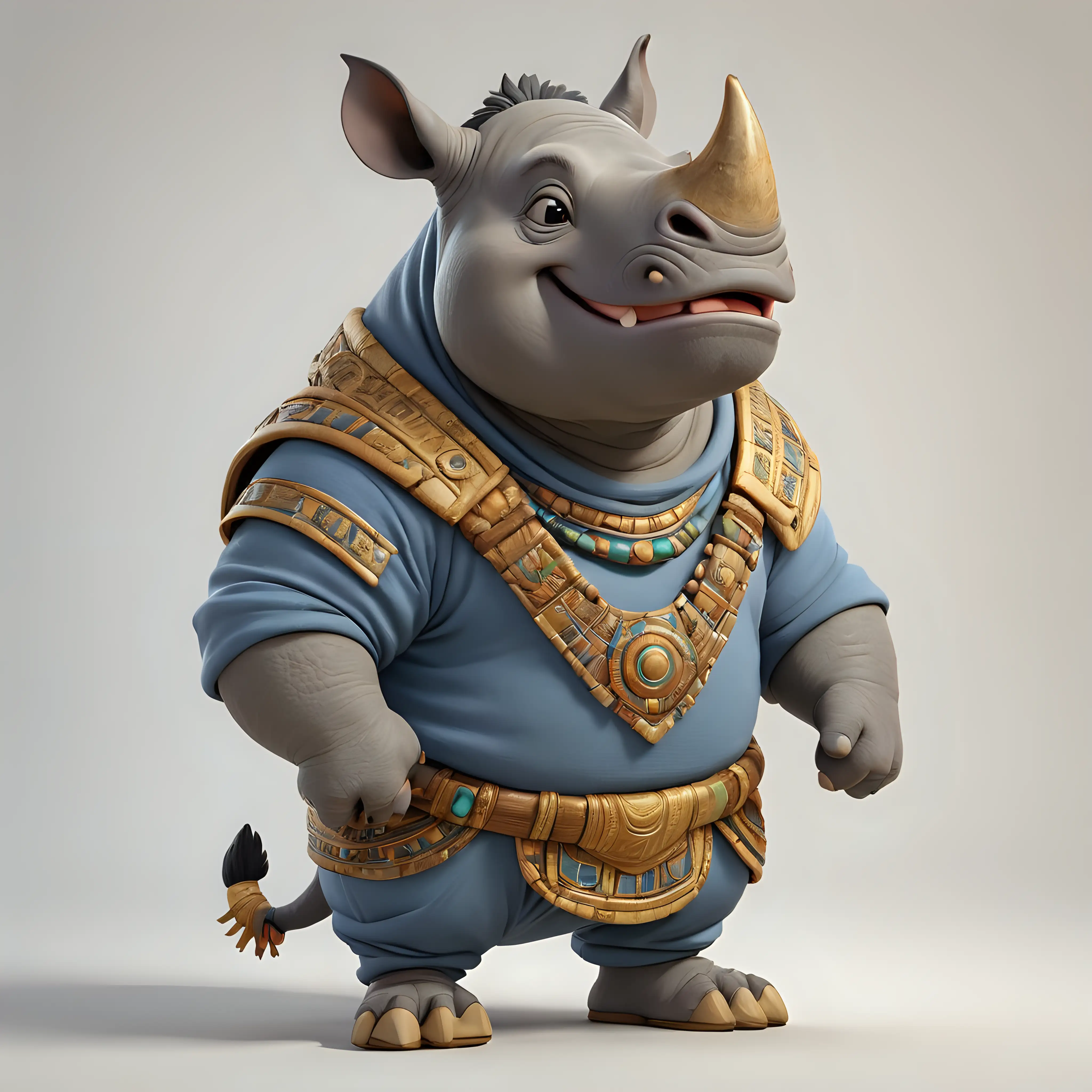 A cute rhinoceros, in cartoon style, full body, clothes of the pharaohs of ancient Egypt, with work shoes,with white background