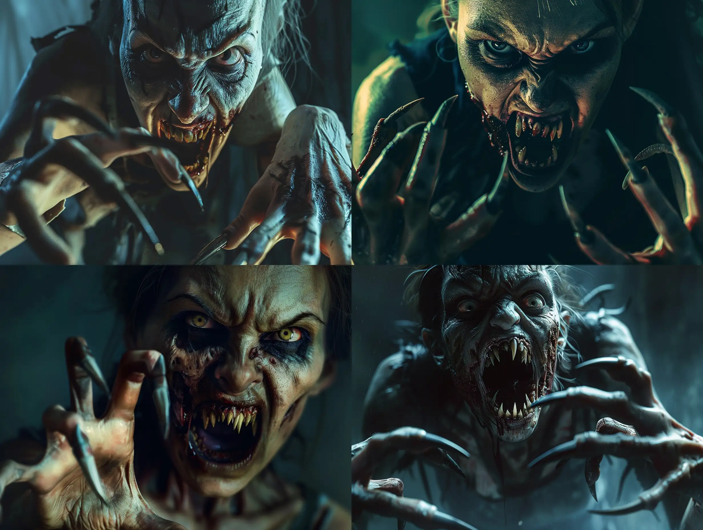 A hauntingly realistic scene of a nightmarish hungry zombie female with clawed hands, her mouth agape, revealing a frightening display of pointed teeth resembling predatory fangs. She appears to be lurching towards you with long, pointed nails that are almost grotesquely reminiscent of beast claws.her eyes are a vacant, under atmospheric lighting in a full anatomical depiction, set in a night-time setting that is very clear without flaws, horror, photorealism, detailed, textured, dark, haunting, night-time scene, intense, creepy, undead, spooky, eerie, atmospheric lighting, nightmare, grotesque, terrifying, realistic anatomy.