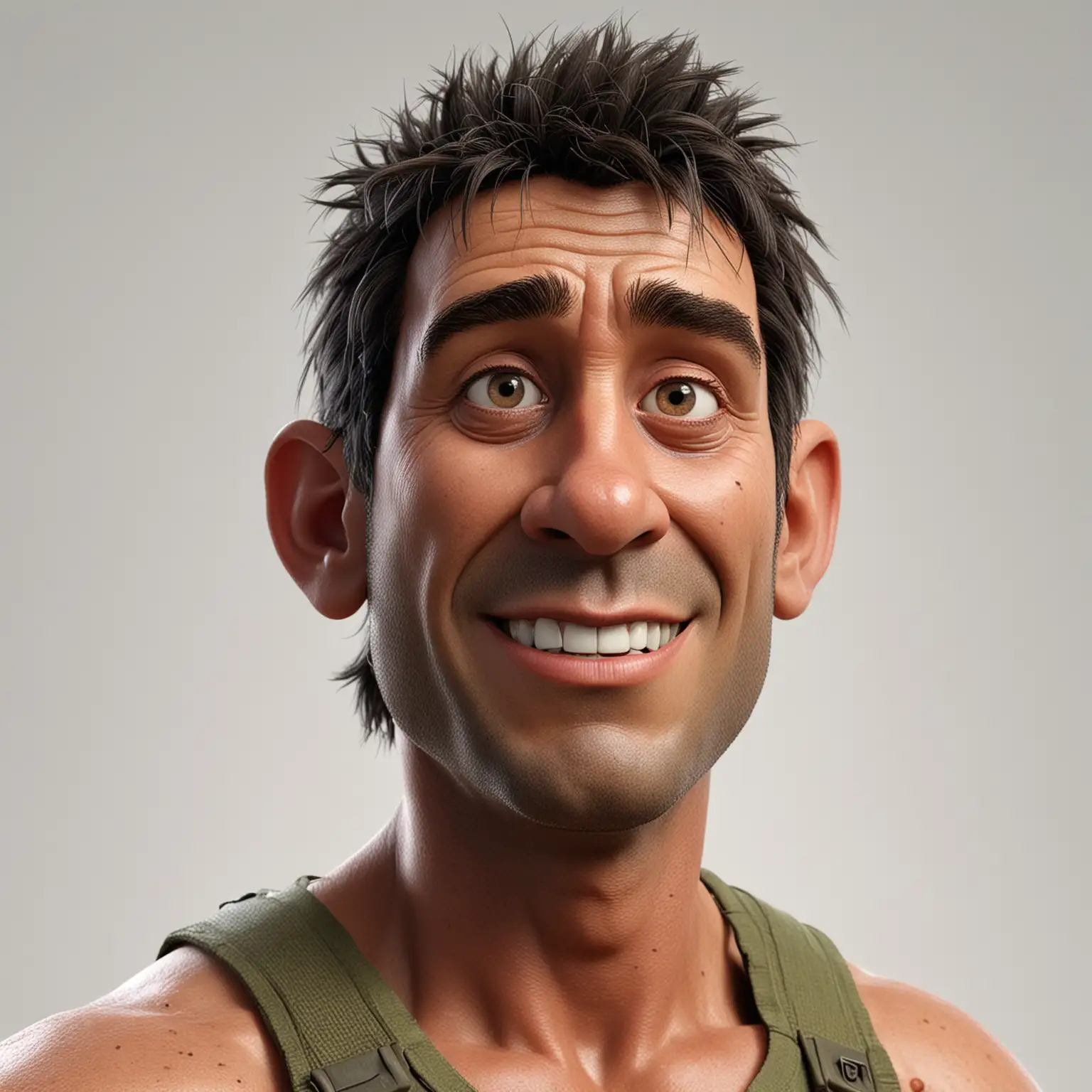 A photo of A man, karikatur 3D, render 3D, Pixar style, plain white background, Rambo.