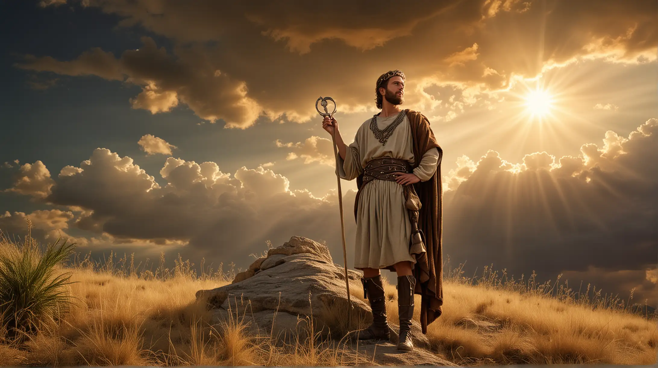 A handsome King David talking to God.  Set on a desert grassy hill, with a magnificent sky. Set during the biblical era of King David.