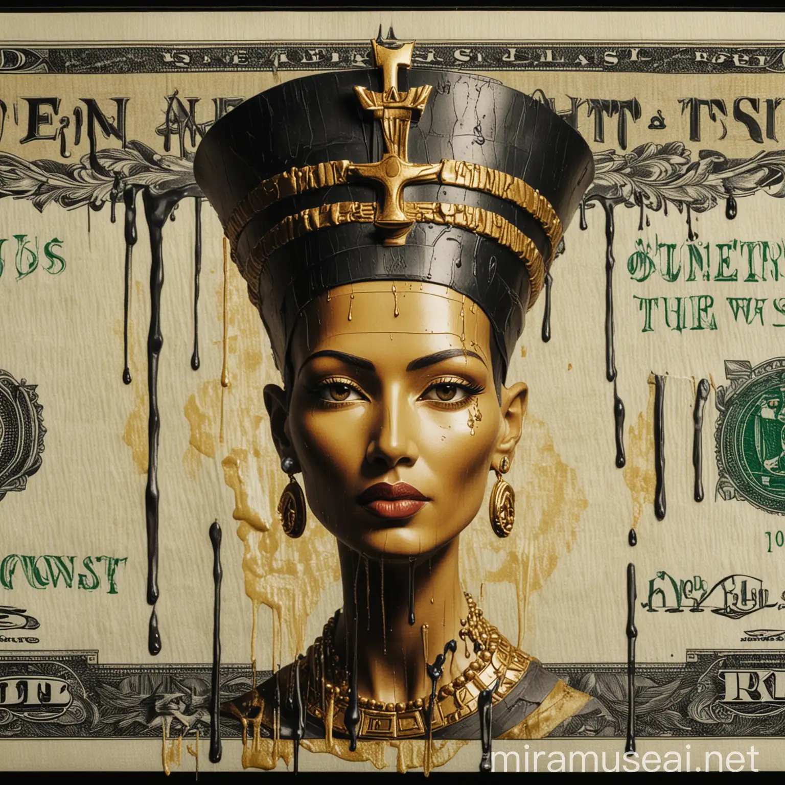 Queen Nefertiti with Dripping Crown on 100 Bill Black and Gold Artwork