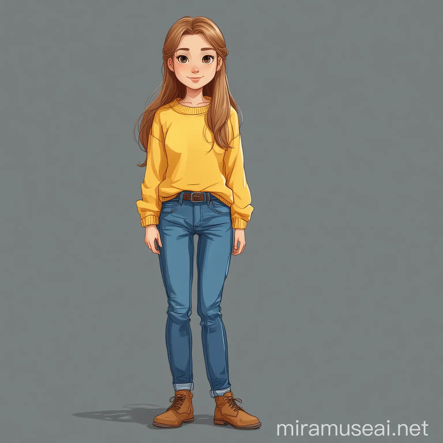 нарисуй персонажа девочку в жёлтом свитере и с длинными волосами и в синем джинсах в векторном плоском стиле.