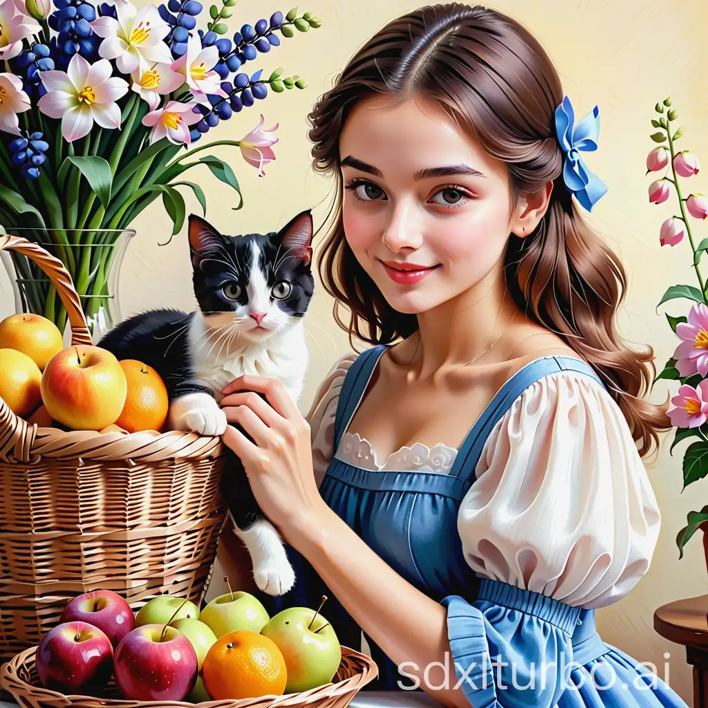 Hyperrealistic-Vintage-Painting-Girl-with-Kitten-Basket-of-Fruits-and-Spring-Flowers