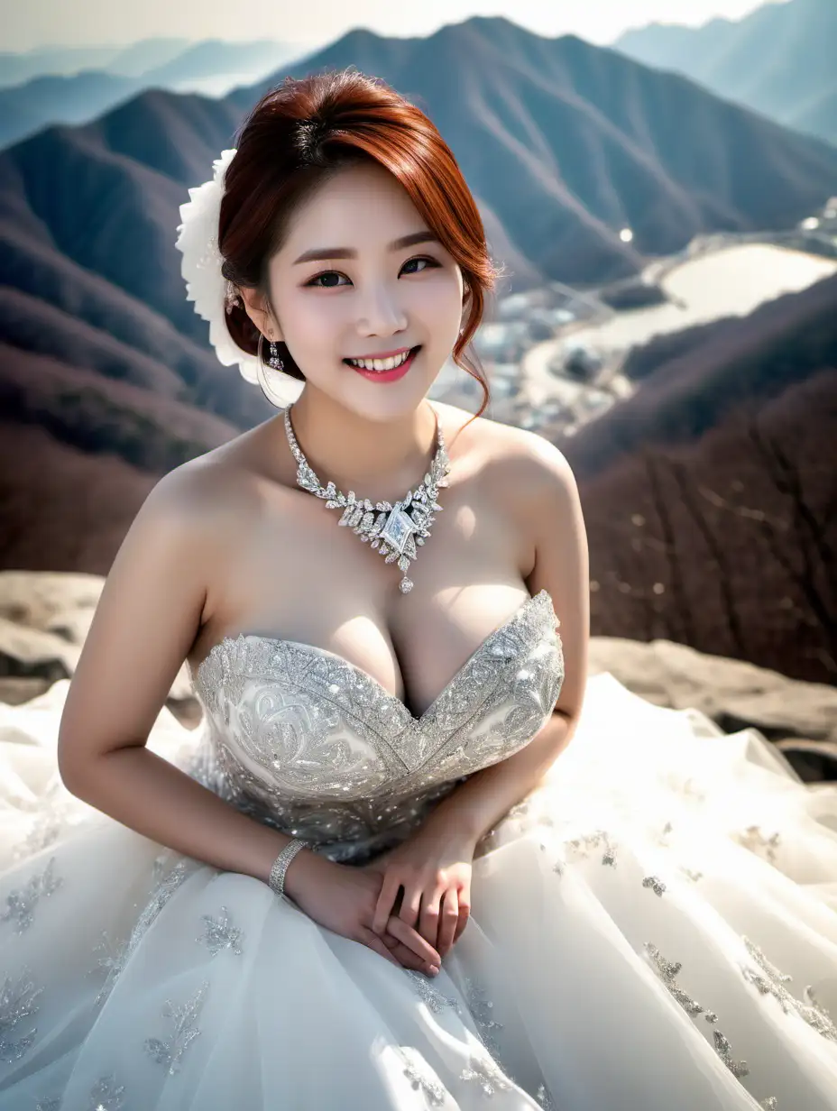 Korean-Star-Bride-in-Black-Dress-with-Diamond-Necklace-Smiling-near-Mountain