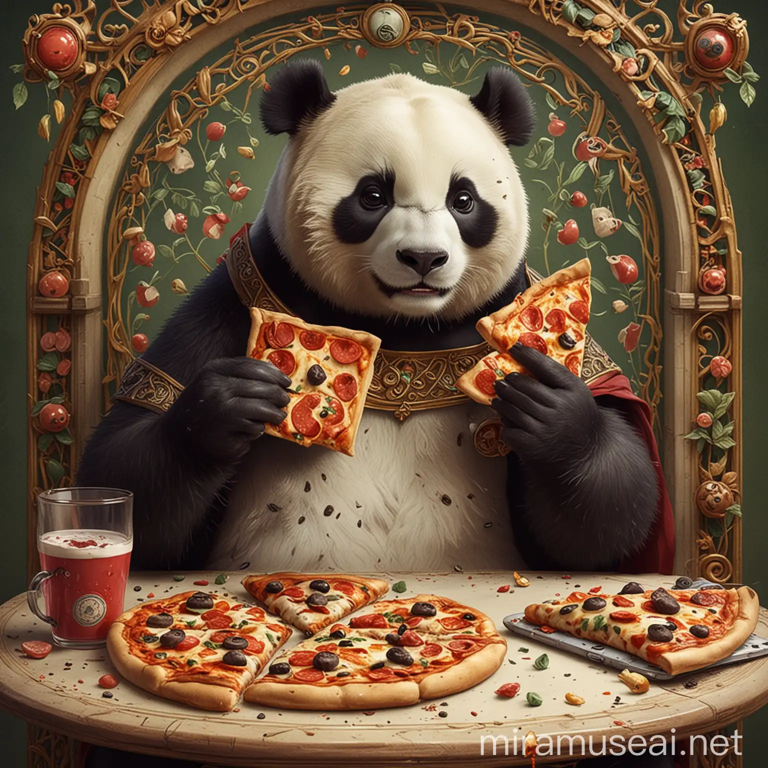 Art Nouveau Panda Enjoying Video Games and Pizza Feast