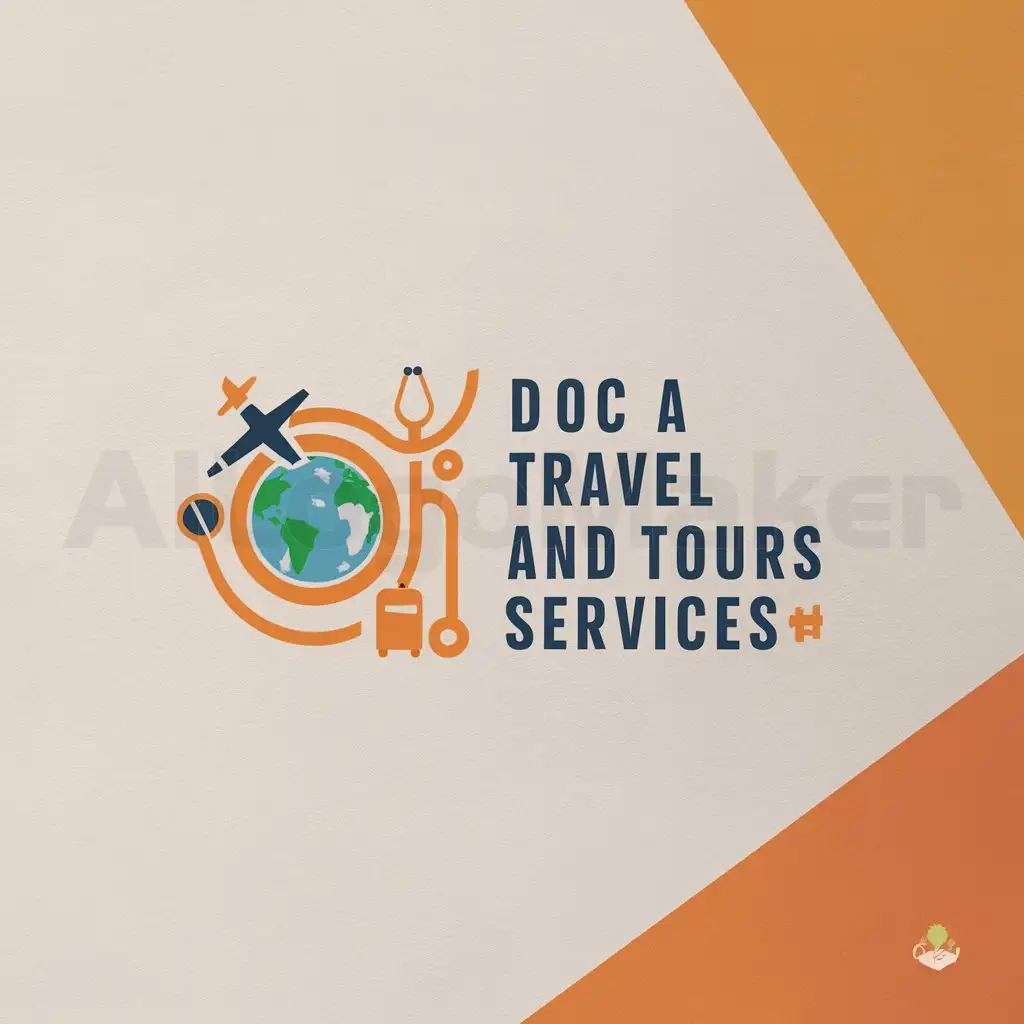 a logo design,with the text "DOC A TRAVEL AND TOURS SERVICES", main symbol:AIRPLANE EARTH LUGGAGE AND STETHOSCOPE,COLORFUL,Minimalistic,be used in Travel industry,clear background