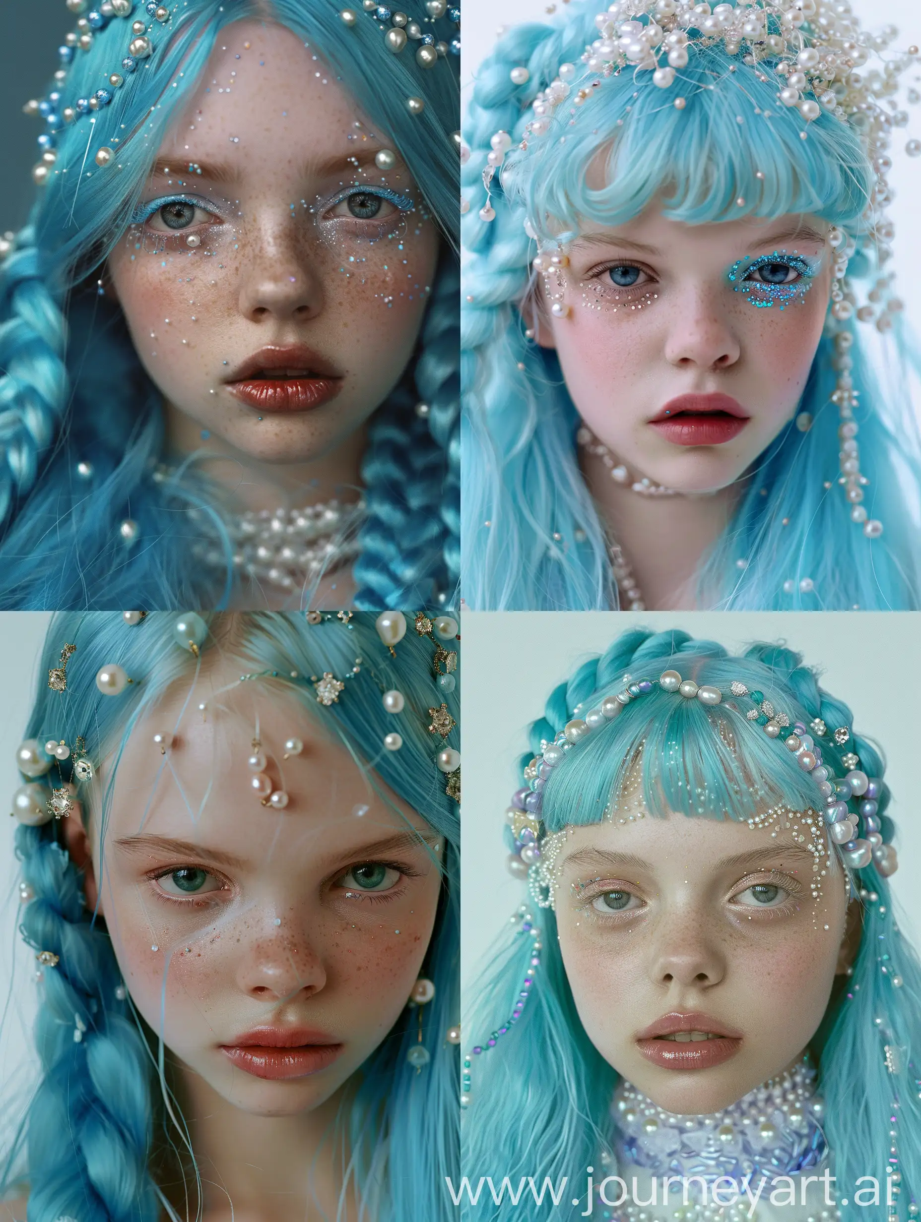Elle-Fanning-as-Lily-Rose-Depp-Mermaidinspired-Glamour-with-Bright-Blue-Voluminous-Hair-and-Pearl-Adornments