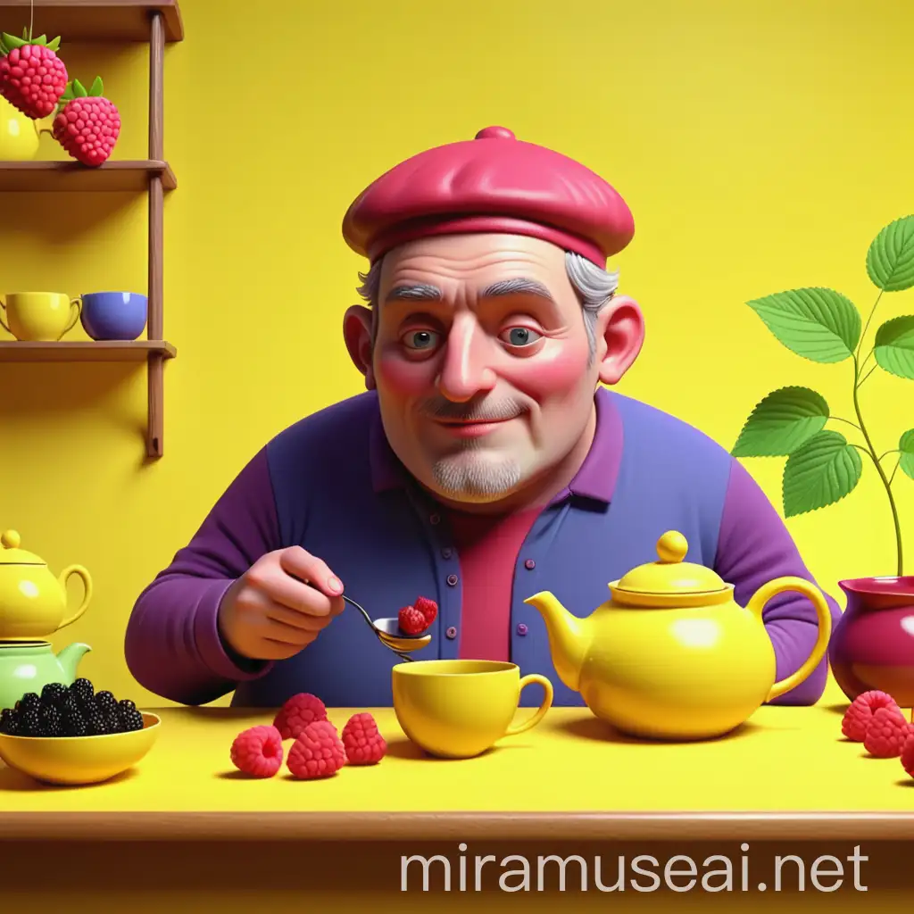  мультяшный мужчина без надписей готовит чай,чайник а в нем : малина, клубника, ежевика , черника фон желтый 4к