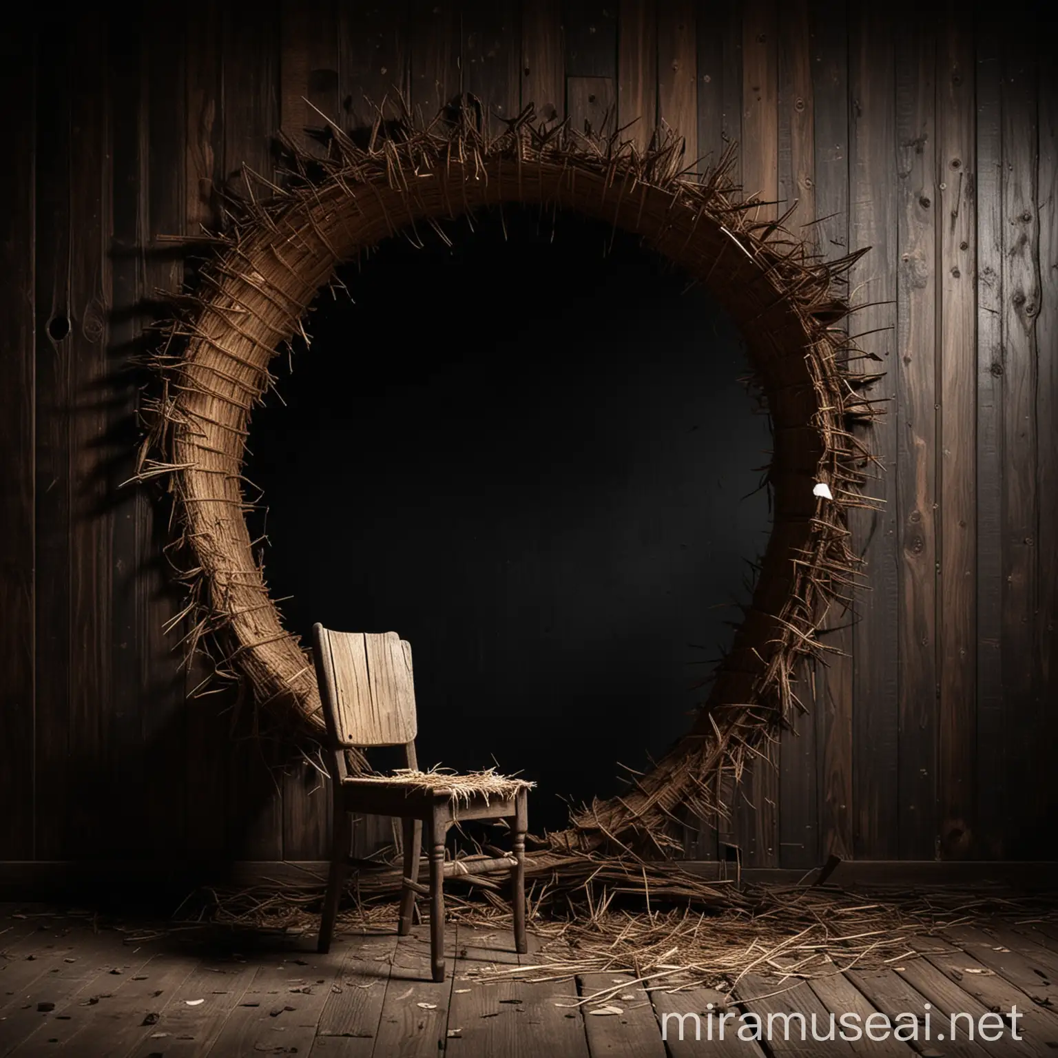 create an image of a dark wooden wall with a hole and from that hole comes only the silhouette of an old, broken straw chair