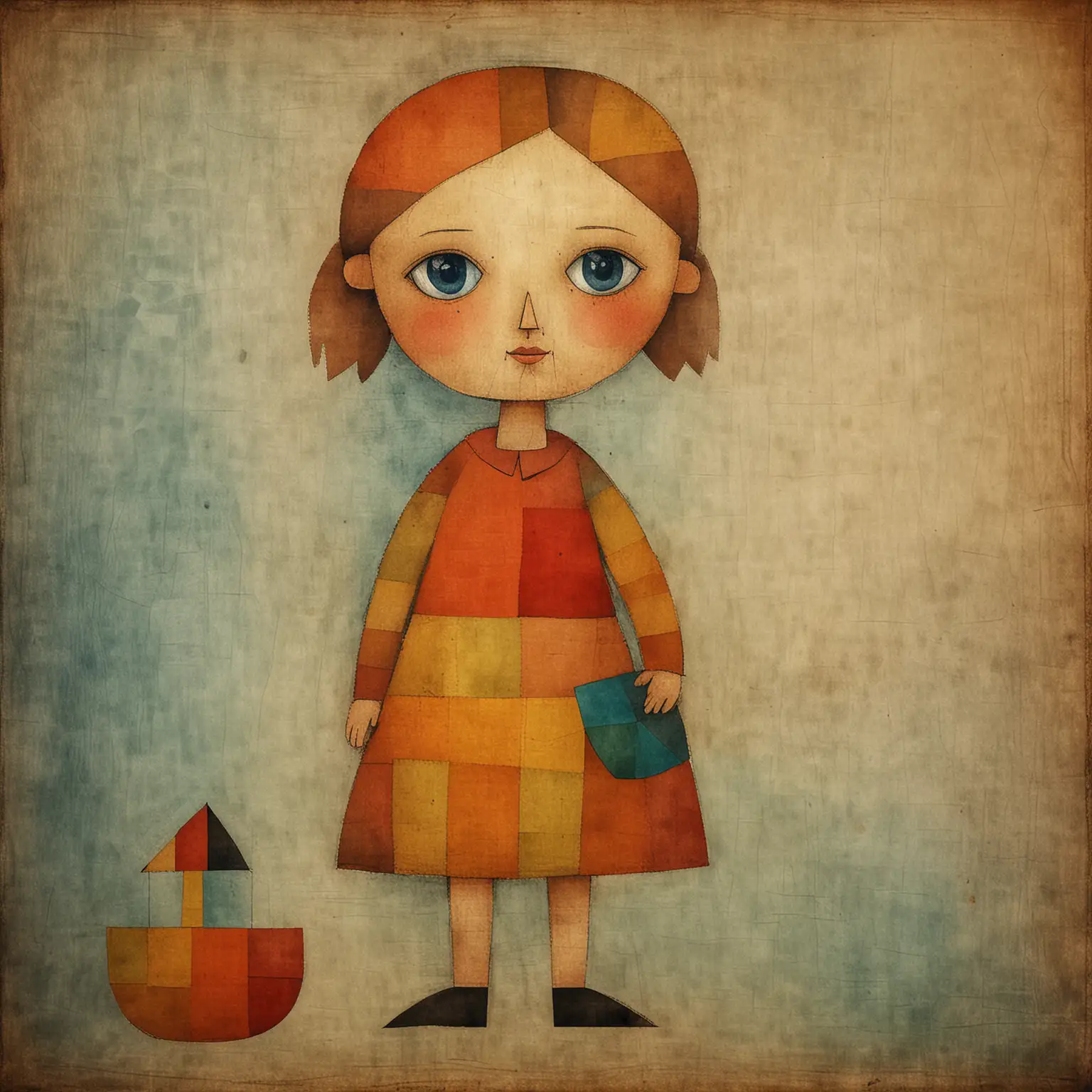 image of  girl child with toy in the style of Paul klee