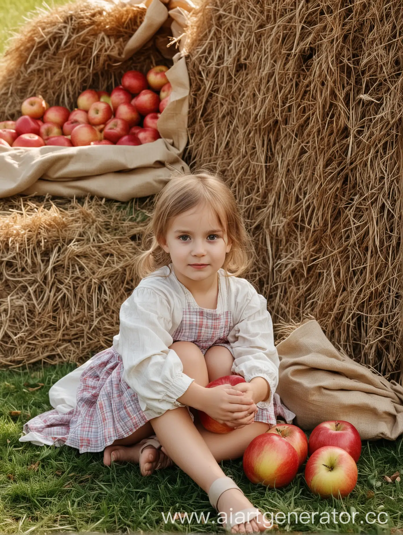 Little-Girl-Sitting-by-Haystack-with-Sacks-of-Apples