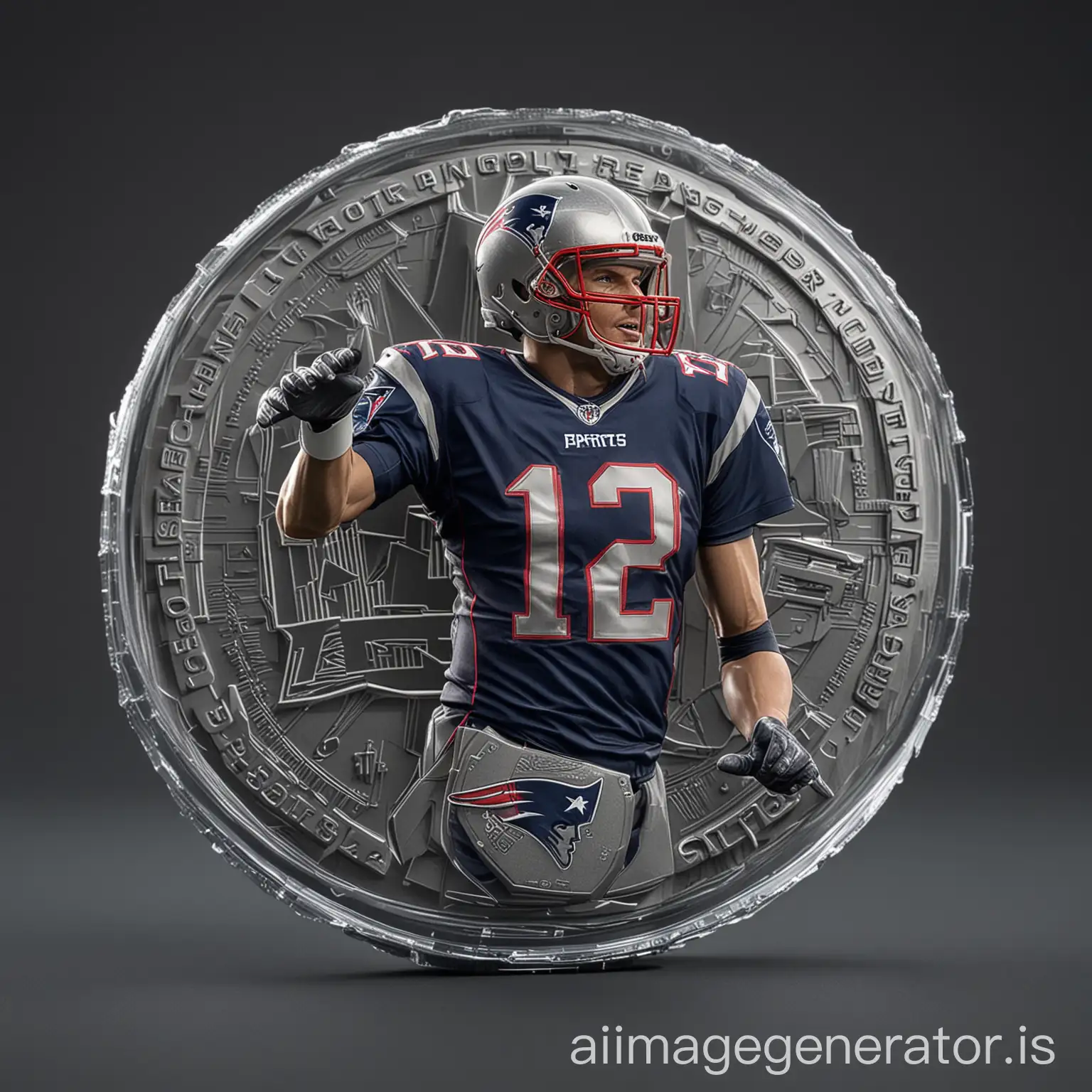 Futuristic new england patriots crypto currency token with tom brady on the front in 3d