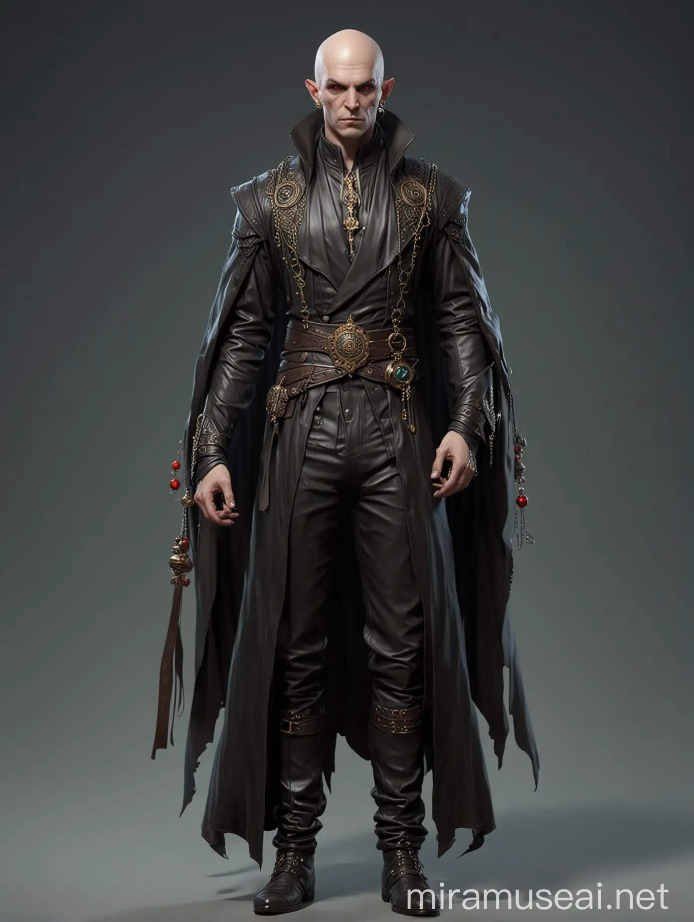 Evil warlock, bald head, slim robe, leather pants, ornaments, fantasy character design, fullbody