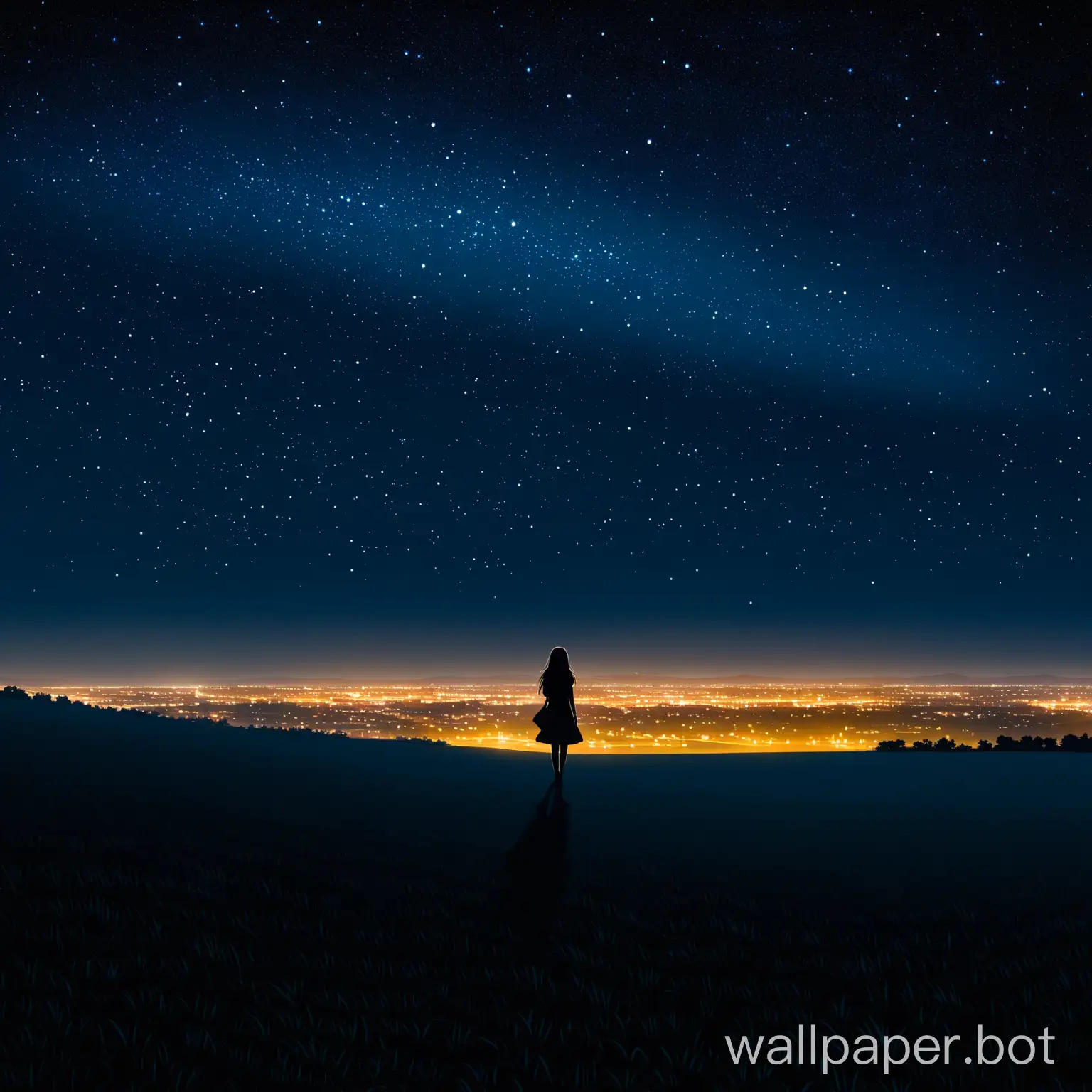 shadow of woman in open field at night, starry sky, lit city in distance