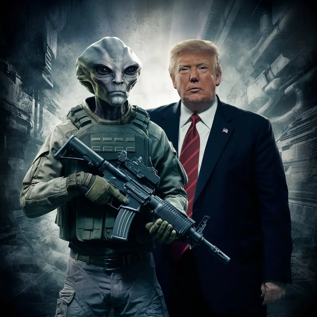 Donald Trump with Alien Soldier in Tactical Vest and AR15