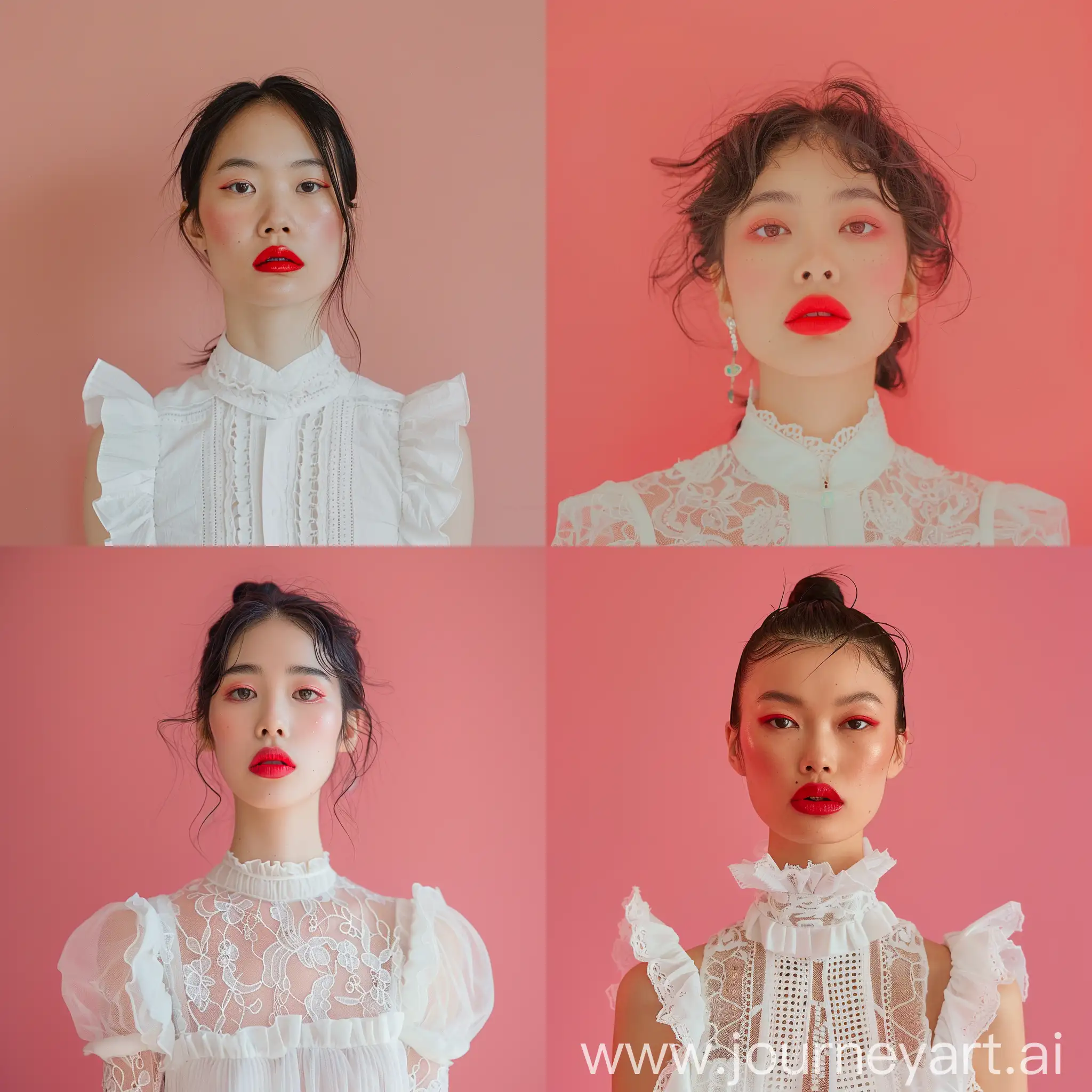 A asian woman with red lips and a white dress with a red lip and a pink background