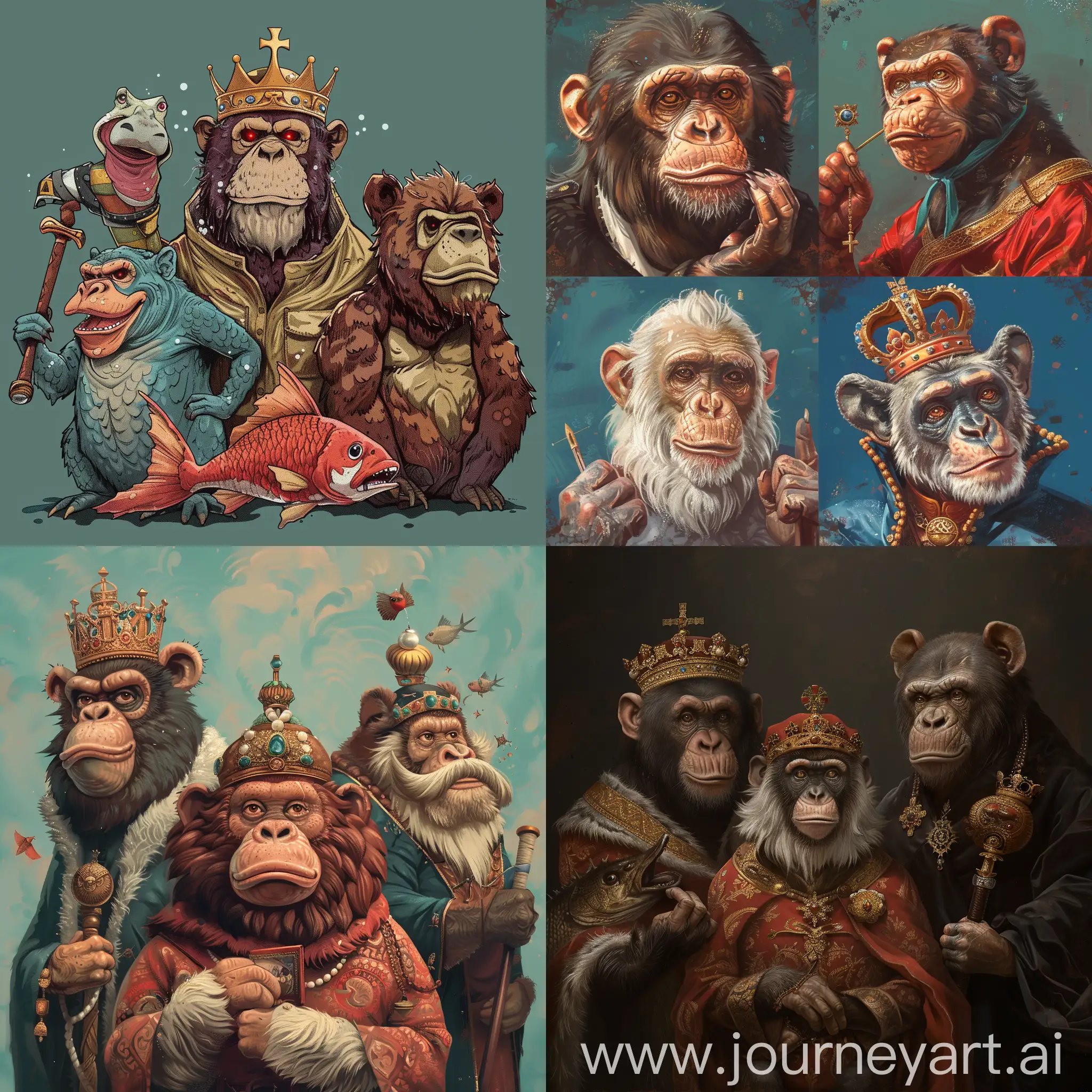 Wildlife-Kingdom-Monkey-Fish-Bear-and-King-in-Harmonious-Coexistence
