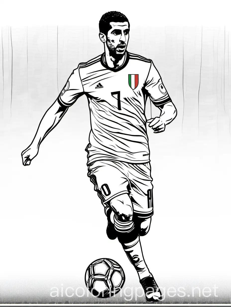 henrikh mkhitaryan italy football, Coloring Page, black and white, line art, white background, Simplicity, Ample White Space. The background of the coloring page is plain white to make it easy for young children to color within the lines. The outlines of all the subjects are easy to distinguish, making it simple for kids to color without too much difficulty