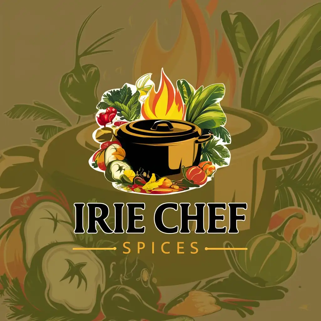 a logo design,with the text "Irie Chef spices", main symbol:create a clean and stunning logo elements from the  food sector. add vibrant colours with tropical feel, no chef hat but a pot with fire plus vegetables , spices , peppers,Moderate,clear background