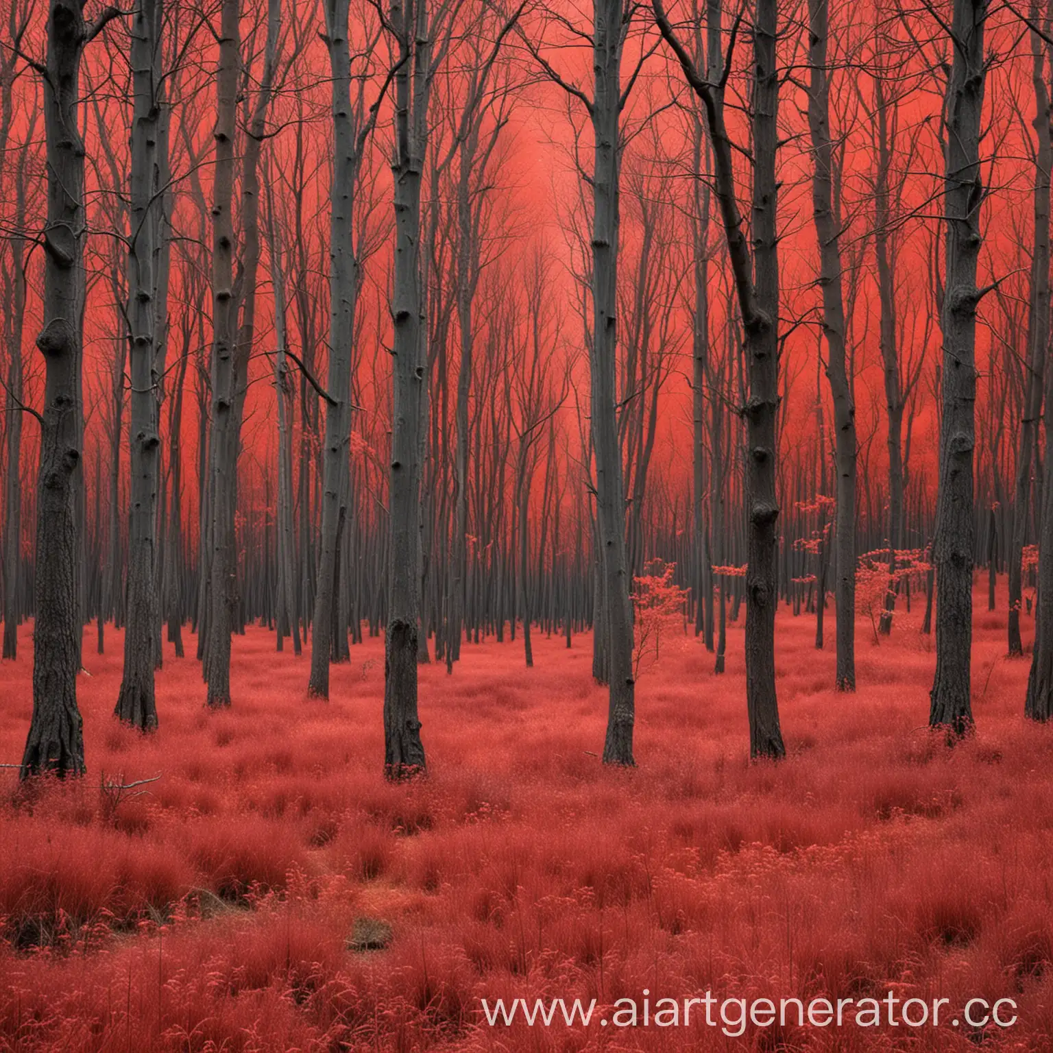 Лес с красными деревьями и красной травой