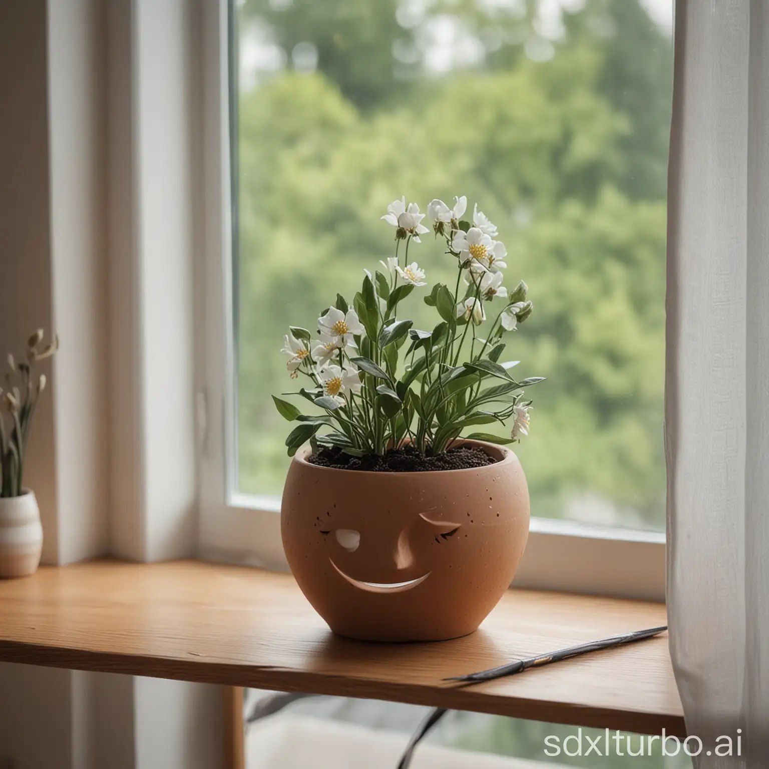 a nice crescent-moon-shaped flower pot placed on the desk near the window