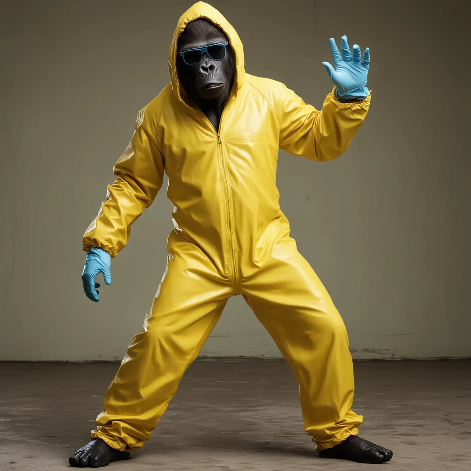 Gorilla dressed in a yellow jumpsuit like the one from the Breaking Bad series. He wears dark sunglasses with black frames. The hood covers his head and he wears light blue latex gloves. He looks confident and dancing