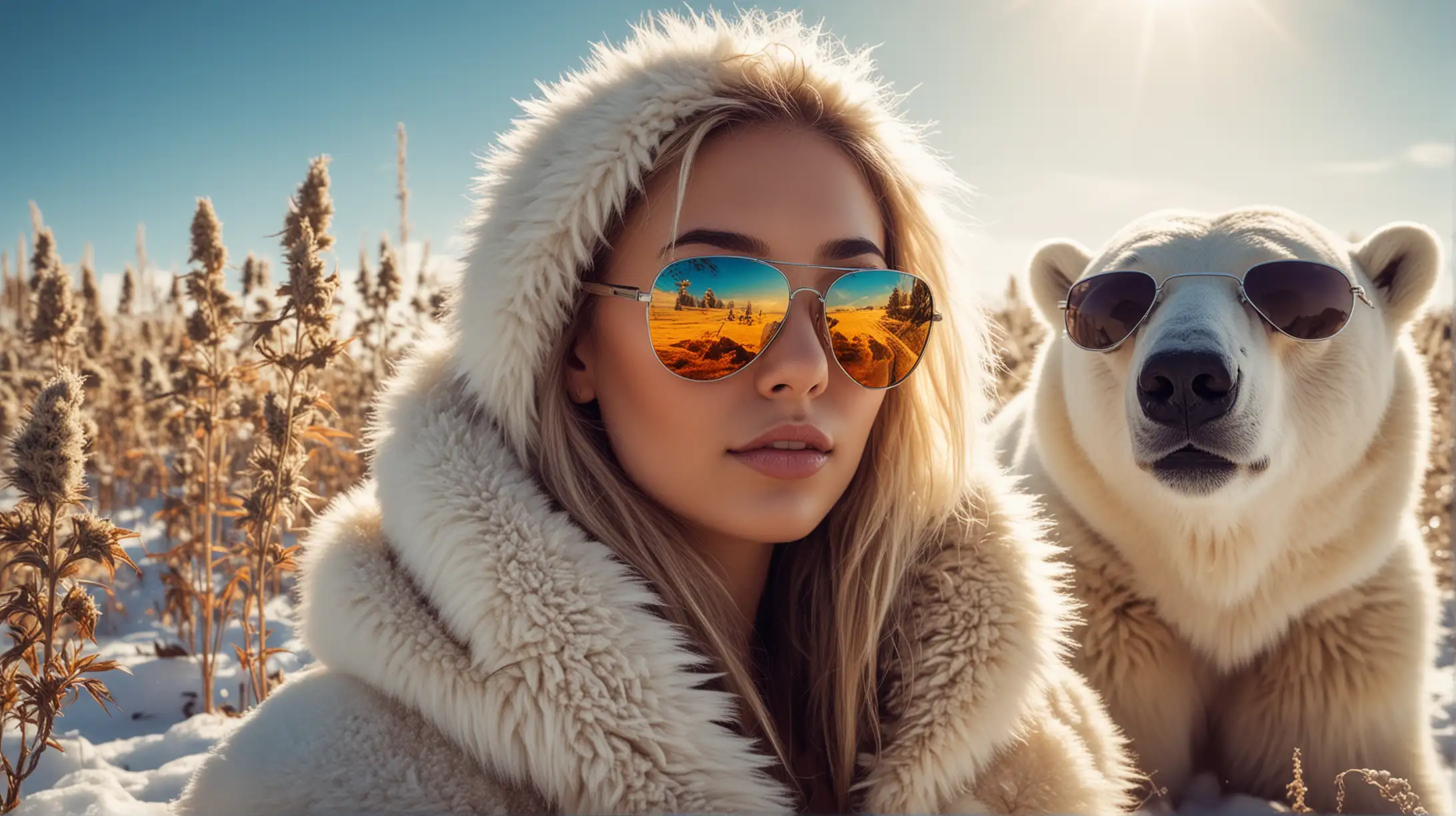 A Sexy Exotic Female wearing sunglasses in a field of cannabis, during winter in the snow with a stoned polar bear, with rich colors, futuristic look, bright sun colors