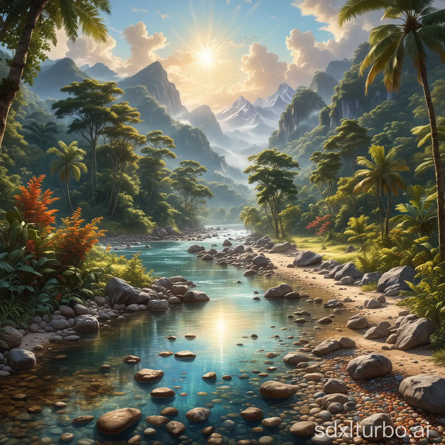 The pure land of the earth: a vibrant tropical rainforest, with sunlight streaming through dense canopies, casting golden patches on the ground. A clear river winds through it, with colorful pebbles visible on the riverbed, and fish happily darting through the water. The sky is a boundless azure, adorned with a few wispy clouds. In the distance, majestic mountains stand tall, their snow-capped peaks shimmering in the sunlight. In this realistic painting style, vibrant and harmonious hues are used to emphasize the rich colors and details of nature, such as the intricate vegetation of the tropical rainforest, diverse wildlife, and the crystal-clear water quality of the river. Please create a painting with the theme of "harmony of the earth," evoking people's nostalgia and desire to protect the pristine beauty of the earth.