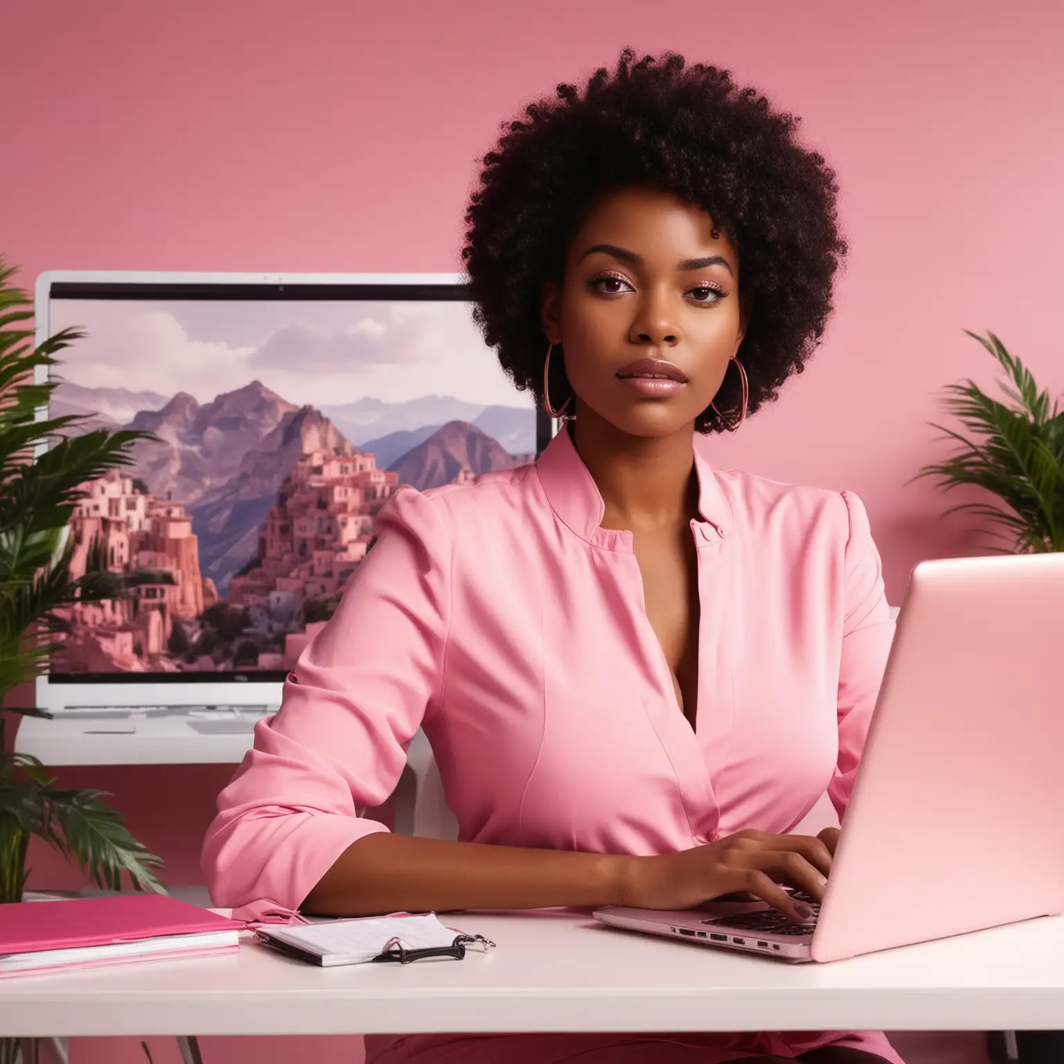 black Woman , large bust in office on laptop. Scenery is pink and luxury.  Use image for exact face