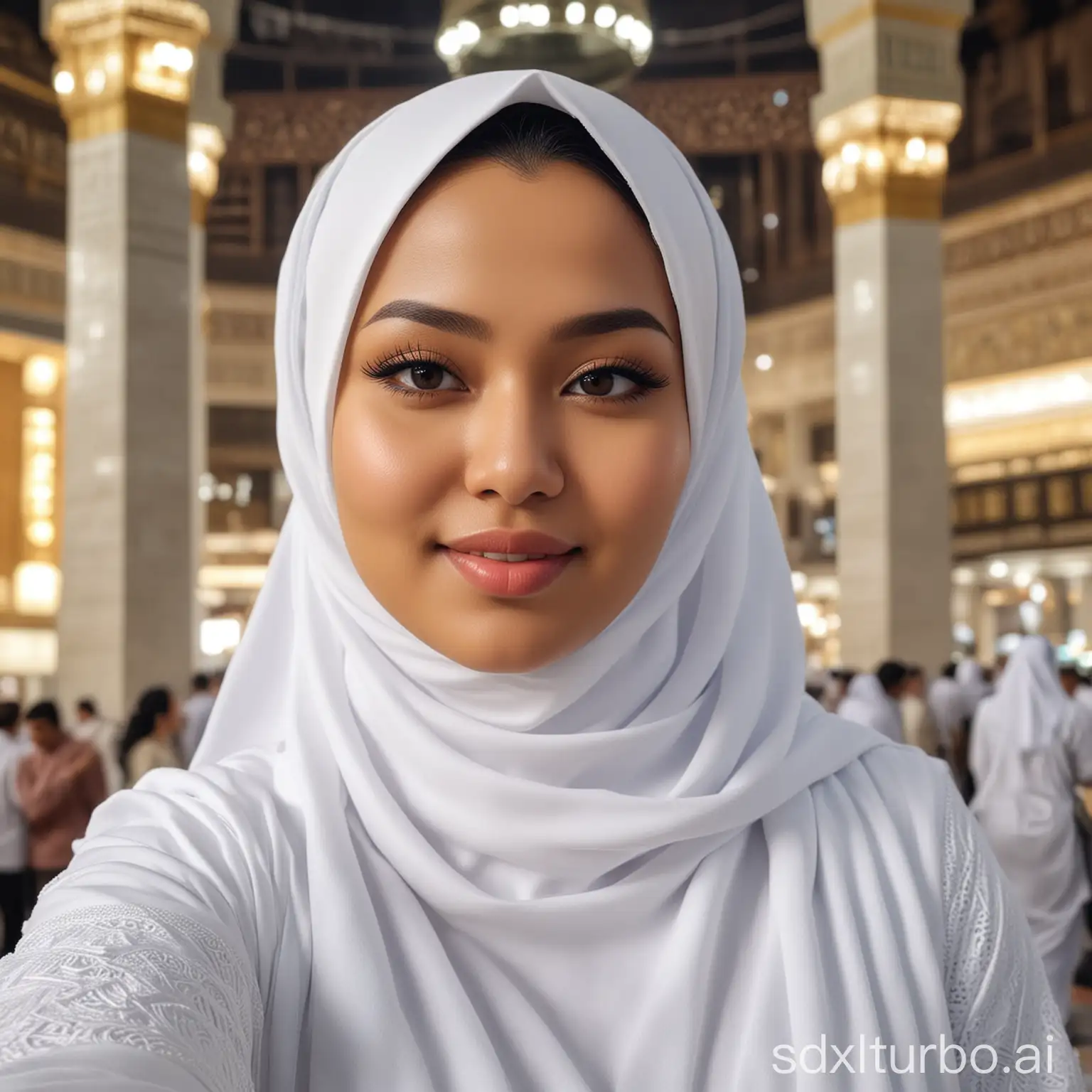 Selfie photo of chubby Indonesian woman wearing white hijab, white Ikrom shirt, Kaaba background, Umrah, Selicca lens, realistic, photography, ultra HD, 6 k