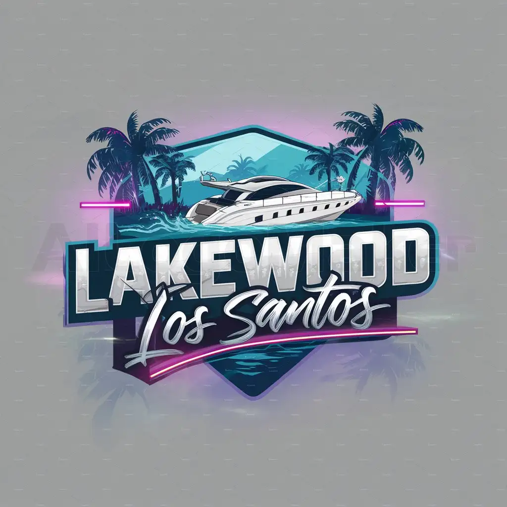LOGO-Design-for-Lakewood-Los-Santos-Animated-Lake-Scene-with-Yacht-Palm-Trees-and-Cityscape