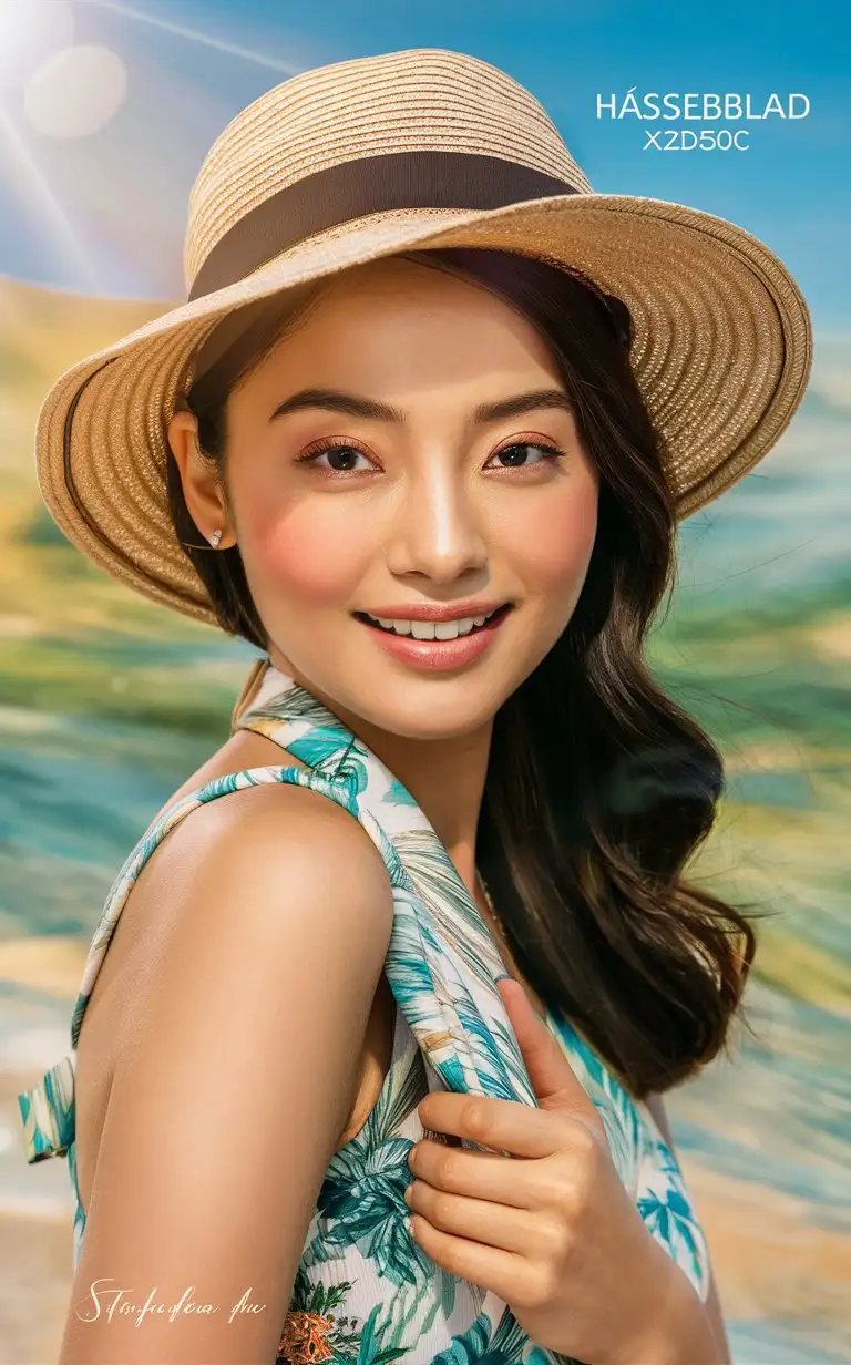Portrait of Vietnam woman in a hat, 20 yo，summer outfit, with light red powder blusher, in a close up shot, with sunlight, outdoors, in soft light, with a beach background, looking at the camera, with high resolution photography, in the style of Hasselblad X2D50c