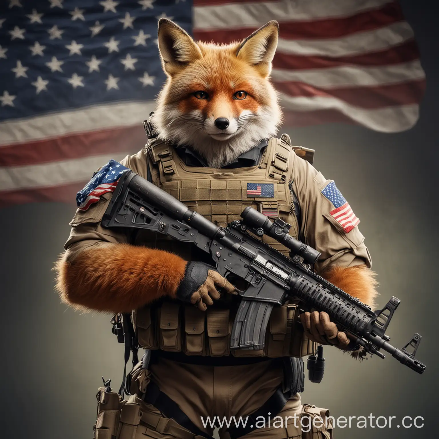 большой и сильный лис в спецназовском костюме с автоматом в руке и американским флагом на плече